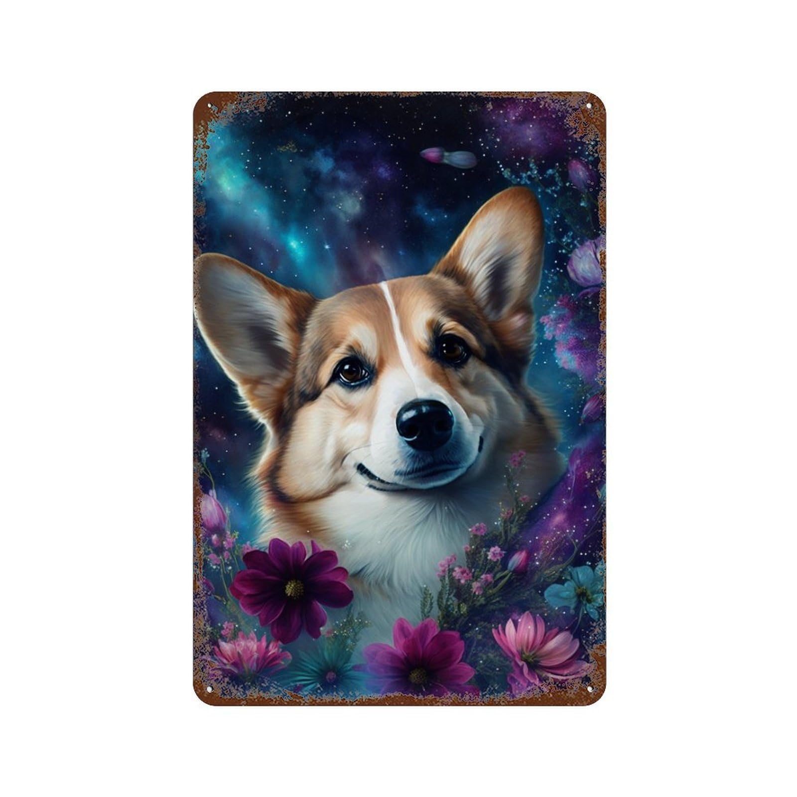 Starry Night Corgi with Flowers -3 Rustic Tin Plaque 11.8"x7.9", Classic Wall Plaque for Garage, Pub Or Kitchen