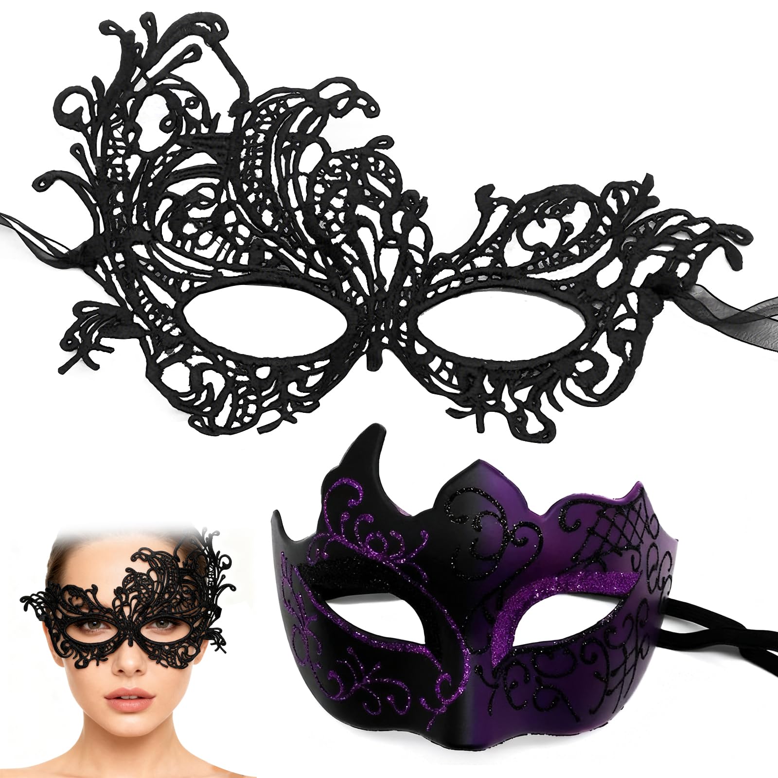 Duzapku Masquerade Mask for Couple Men Women, Venetian Mask, Lace Masque for Mardi Gras Prom Costume Fancy Dress Party