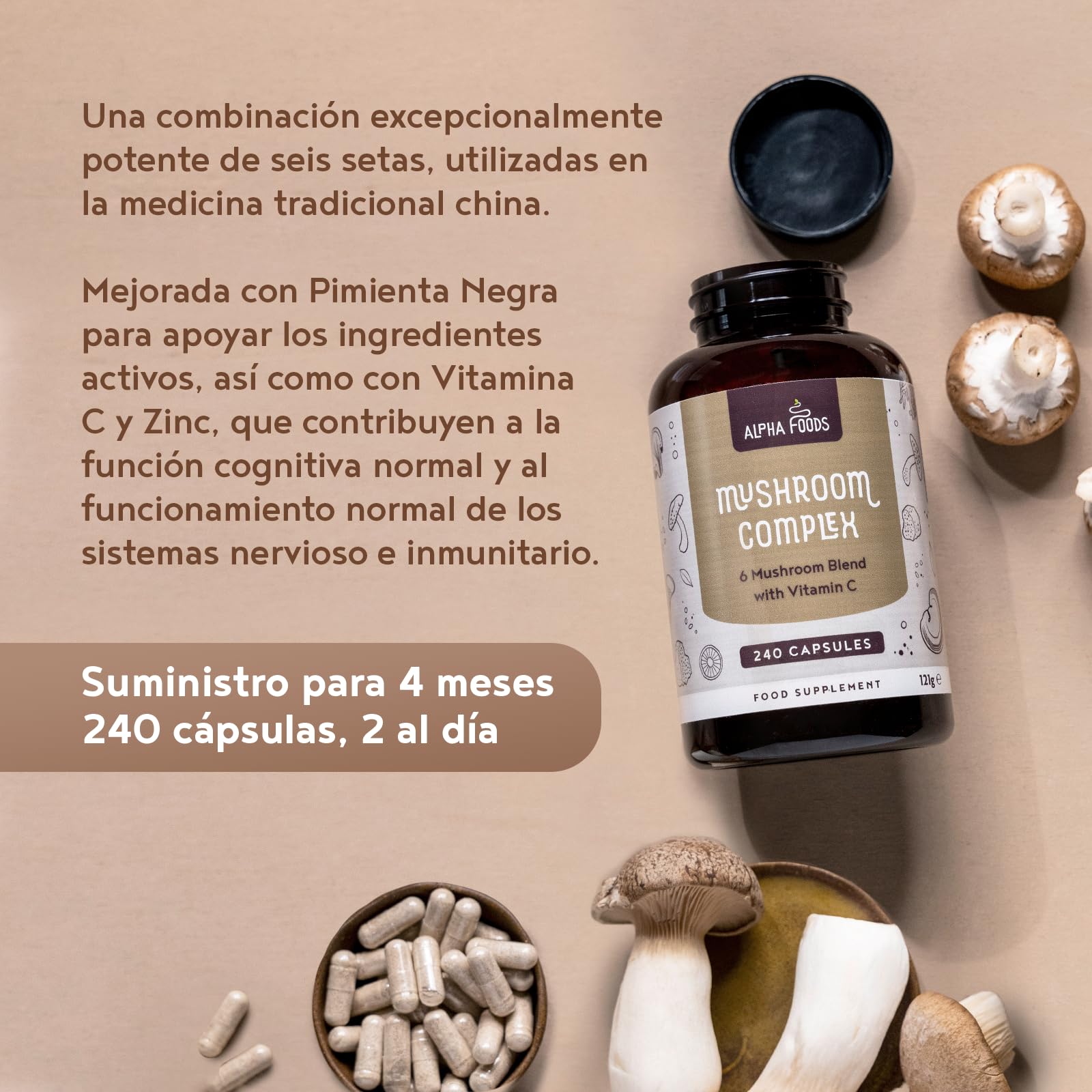 Complejo de Hongos | 240 Cápsulas Veganas | Setas Funcionales con Vitamina C y Zinc | Melena de Leon (Lions Mane), Reishi, Shiitake, Maitake, Chaga y Cordyceps | Sistema Imune y Defensas | Alpha Foods