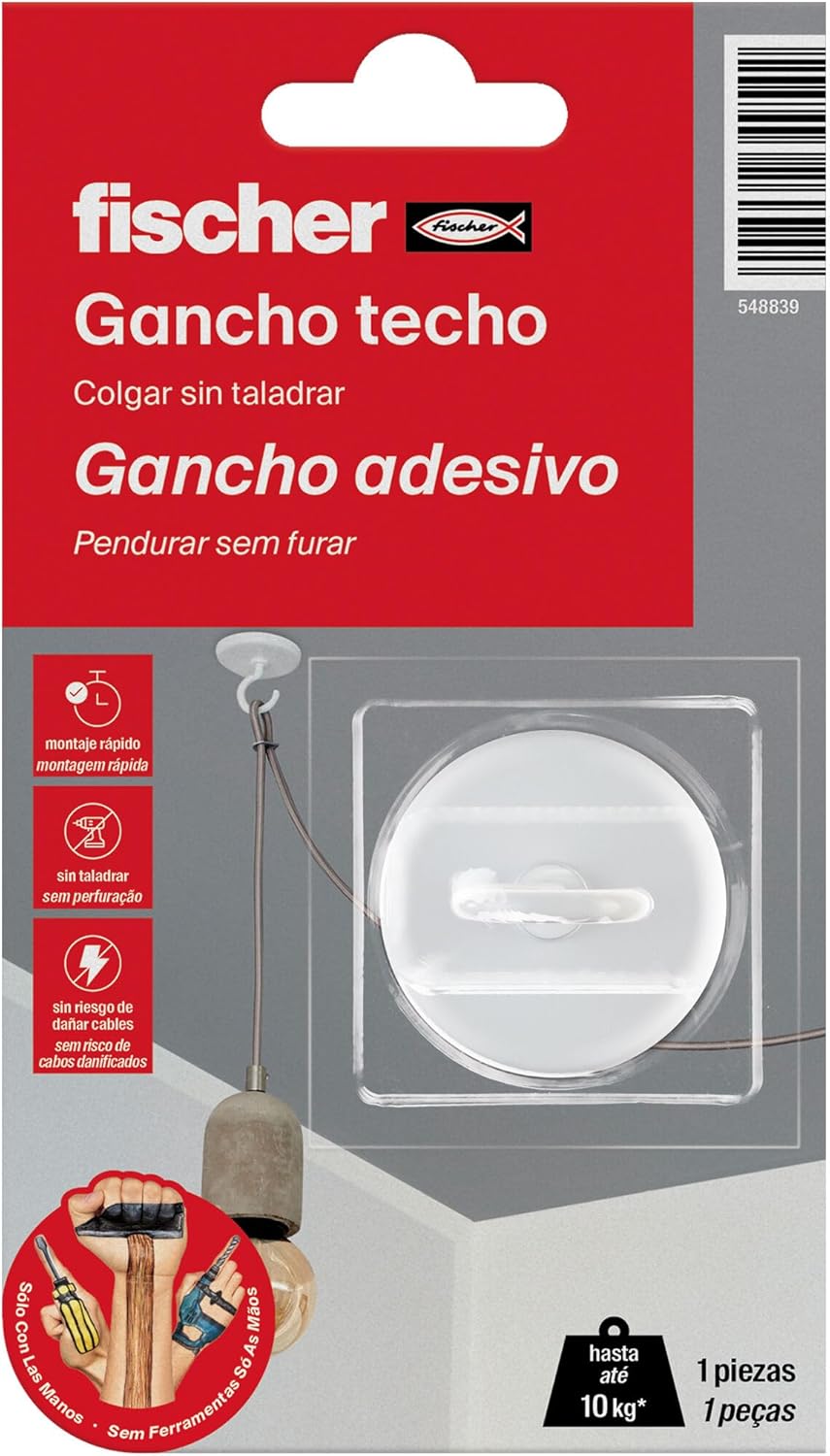 fischer SCLM White Easy-Hanging Hook for Wall and Ceiling, No Holes or Drilling, Holds up to 10 kg and Includes Easy Application Contact Glue, 1 Piece