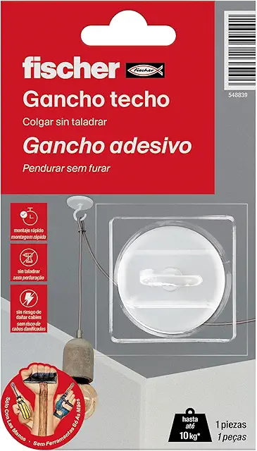 fischer SCLM Wall and Ceiling Hooks, White, No Drilling, 10kg Load, 1pc - Krok Tak