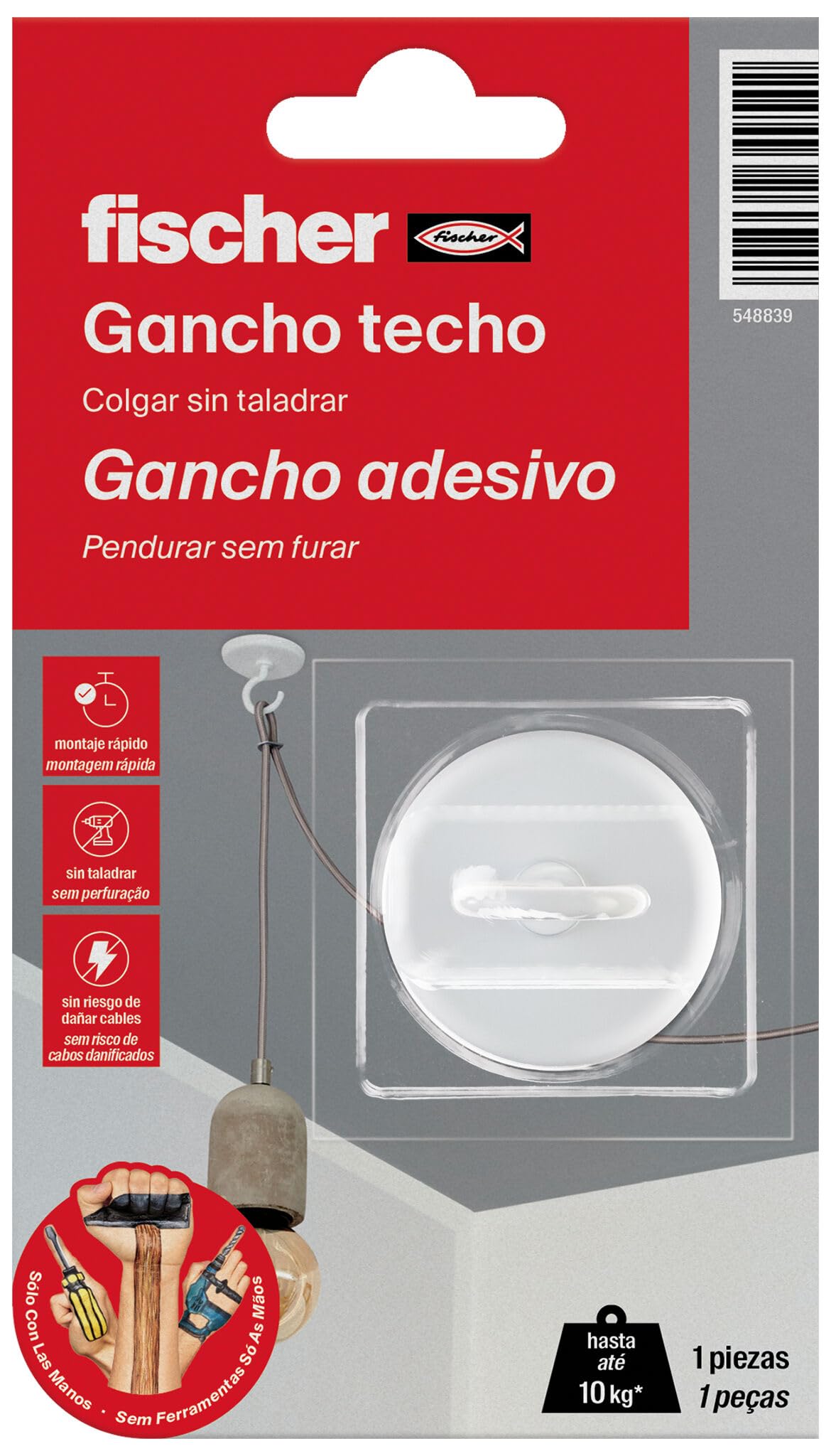 fischer - Gancho Techo - Ganchos Adhesivos para Pared Blanco- Cuelga Facil Sin Agujeros Lámparas, Cuadros, Guirnaldas, Macetas - Sujeta hasta 10 kg - Resistente al agua - Incluye Pegamento (1 Ud)