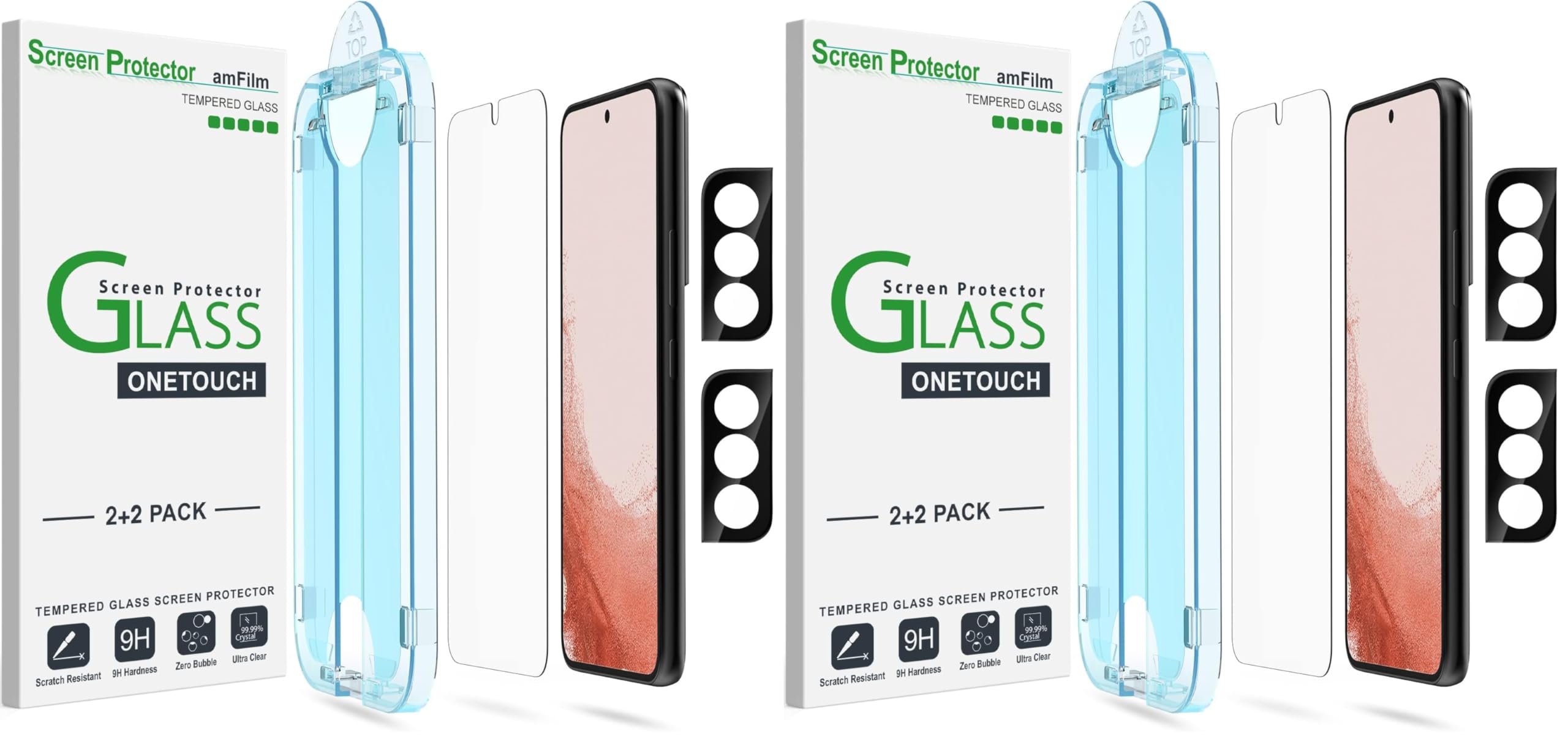 amFilm OneTouch Screen Protector for Samsung Galaxy S22 Plus 6.6 inch, Samsung Galaxy S22 + 6.6 inch, 9H Hardness with Camera Lens Protector, Bubble Free, Tempered Glass, 4 Pack