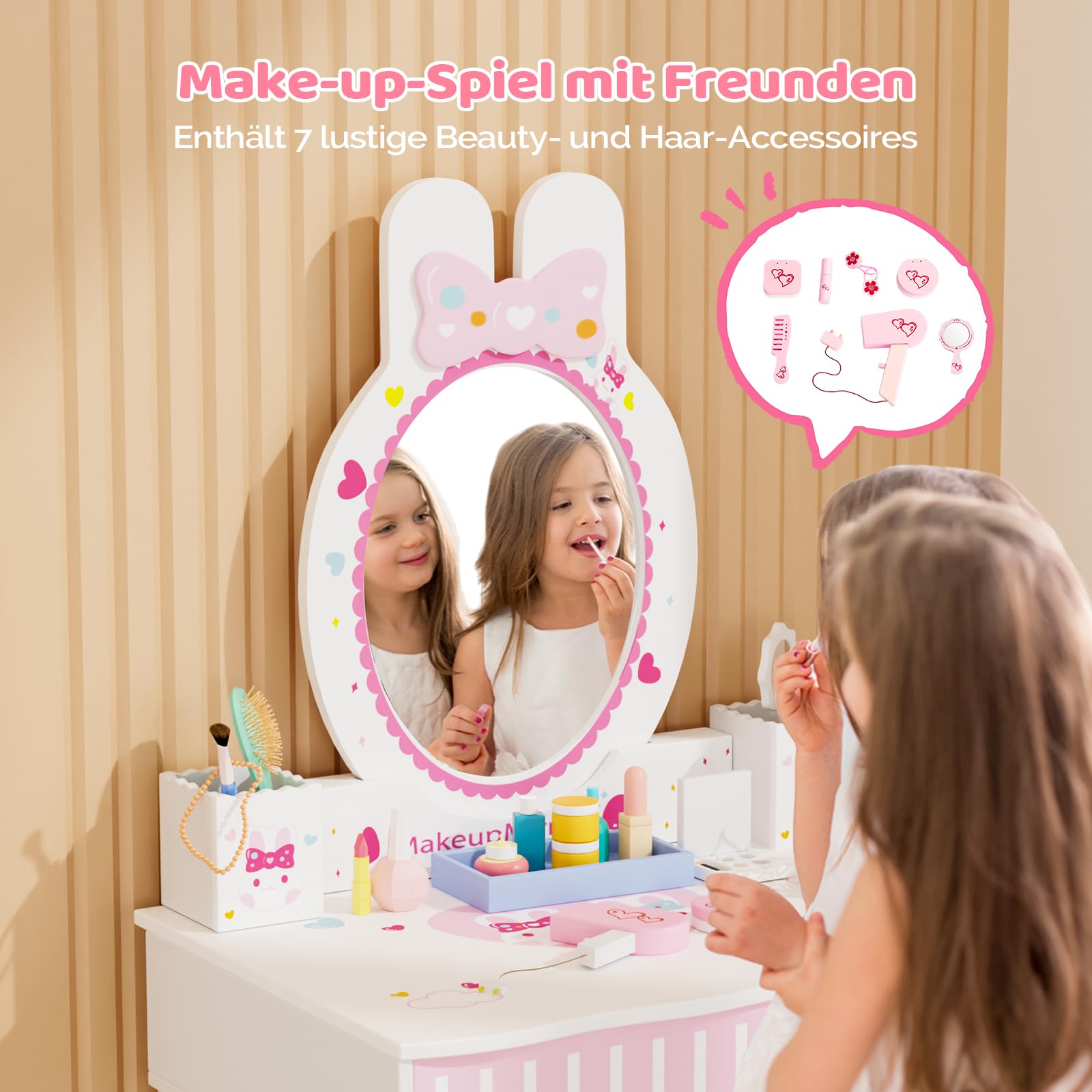Bonnlo Coiffeuse pour Enfants 106cm, avec Miroir et Tabouret, Coiffeuse Enfant Fille avec Accessoires, Bureau 2 en 1 (Blanc)