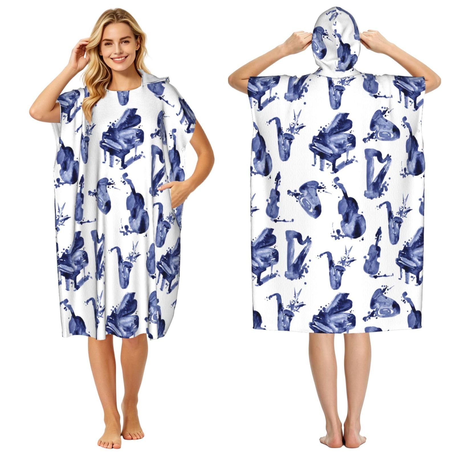 Poadnly Blues Saxophone Piano Cello Bass, Adult Hooded Beach Towel 90 x 110 cm,Changing Bath Robe, Surf Poncho Towel For Women Men