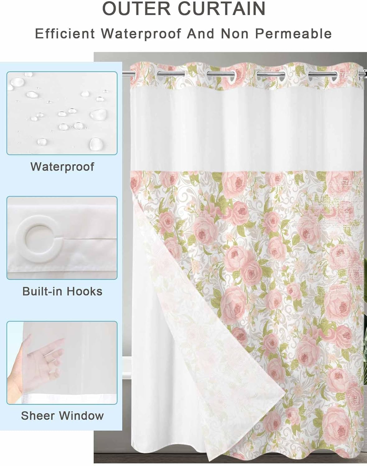No Hook Shower Curtain, Pink Flowers Long Bathtub Curtains with Snap in Liner, Country Botanical Floral Leaves Romantic Waterproof Washable Fabric Shower Curtain Set, 72" x 84"