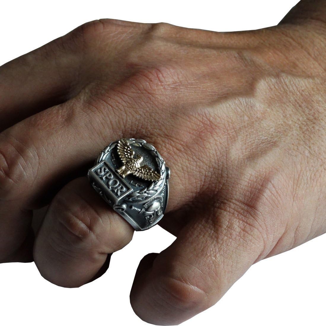 Sterling Silver and Yellow Solid Gold 10K Custom Made Roman Empire Eagle SPQR Skull Biker Mens Ring