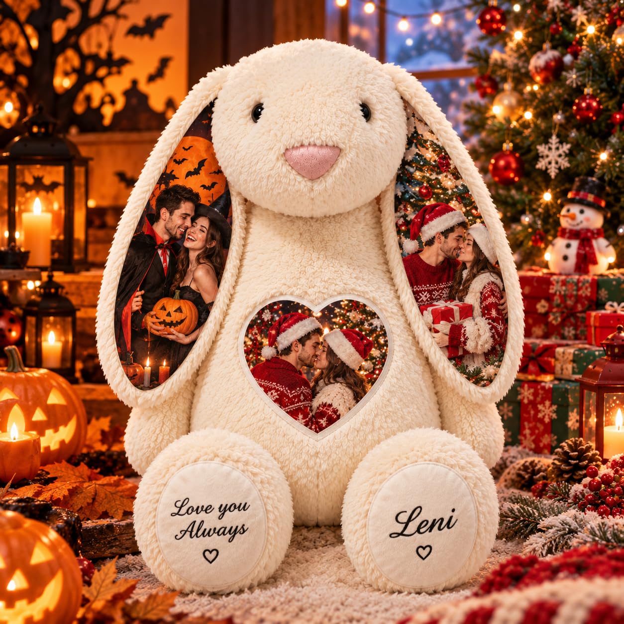 Personalised Photo Bunny Pillow with Hidden Ear Pictures, Customised Memory Photo Teddy Plush Keepsake Stuffed Bunny 26cm/40cm Gift for Anniversary Birthday Valentines Day Couple Gifts (Design 09)