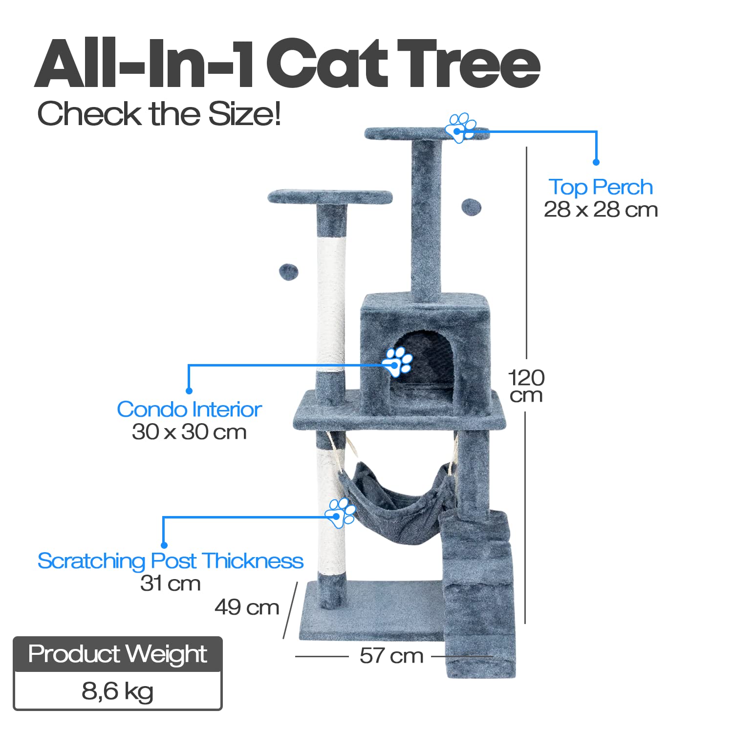 Edipets, Rascador para Gatos, Arbol Gato, 3 Niveles, 56x120x58cm, Alto, Postes de Sisal, Hamaca, con Cama, Caseta, Suave, con Bolas para Jugar (Gris) image_2