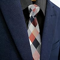 OVOY Men's Dark Blue Grey Checkered Jacquard Woven Necktie - Casual Classic Gentleman Tie for Office & Weddings