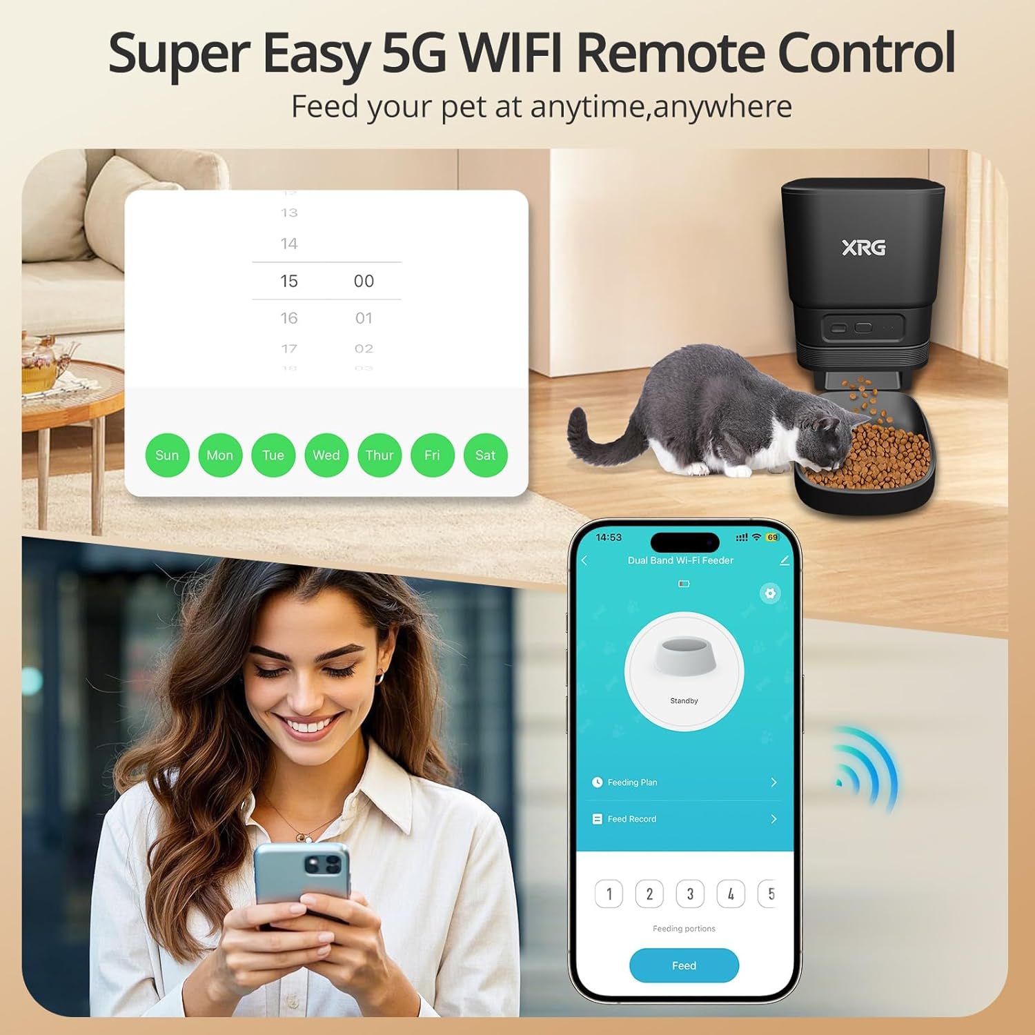 Automatic Cat Feeder 5G WiFi,Automatic Dog Feeder Double Anti-Blocking,WiFi Auto Timed Cat Dispenser 10 Meals A Day,Dog Food Dispenser Dual Power with 10s Voice Recorder,Easy to Install & Clean,Black