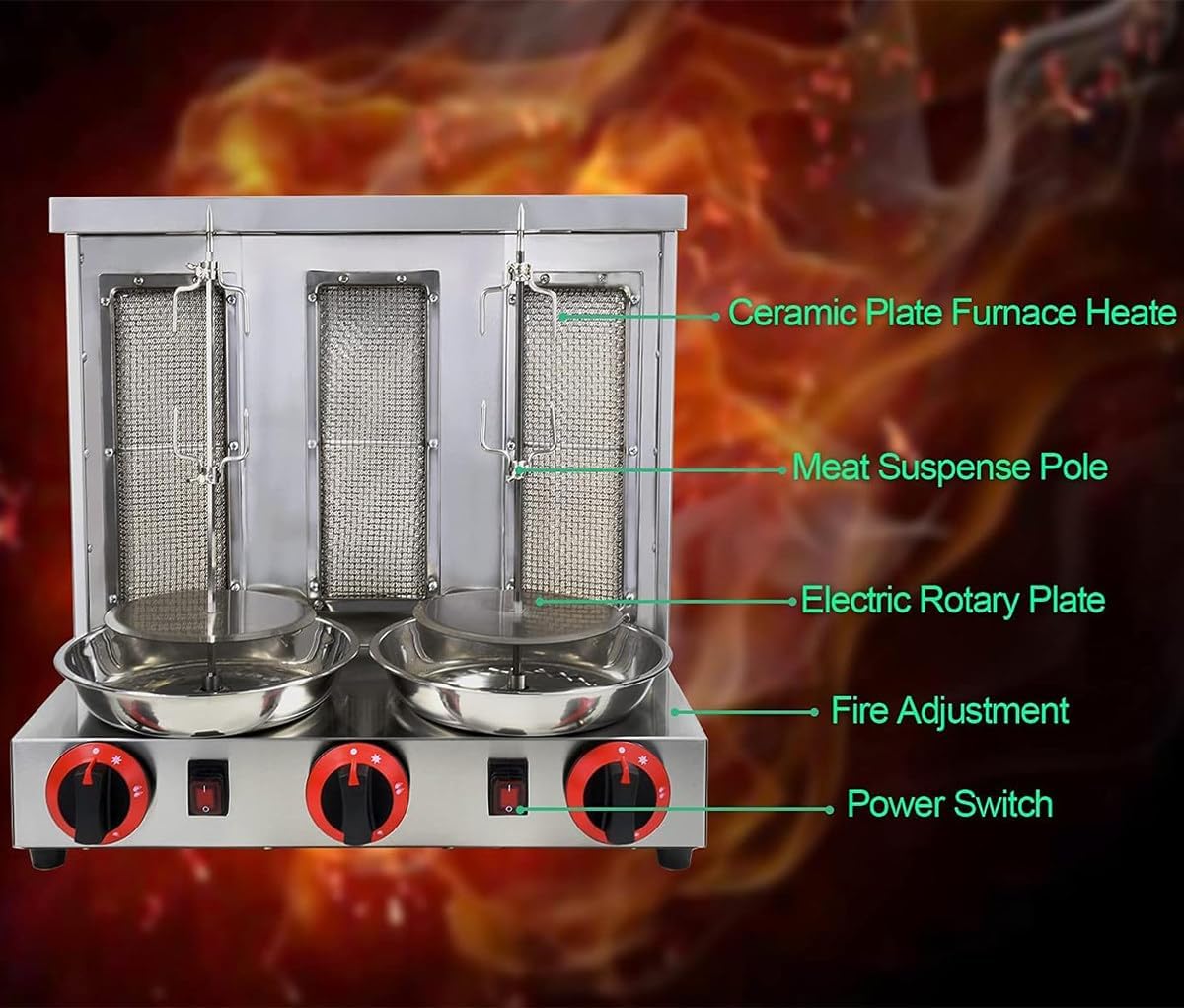 Máquina de Pollo shawarma casera, asta de encimera, asador de Pollo Turco Comercial, asador Vertical con quemadores, Ajustable 300 ° C, 360 ° Rotisserie para la Cocina para el hogar del Restaurante