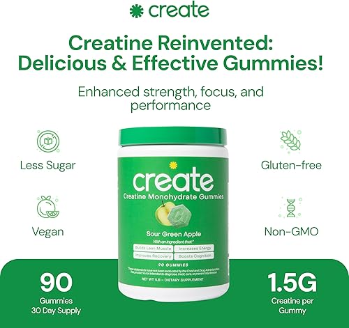 Miniatura 8 de Create - Gomitas de creatina monohidratada - Mejoran concentración, fuerza y resistencia, no se derriten, veganas, sin gluten y sin OMG, 1.5 g de
