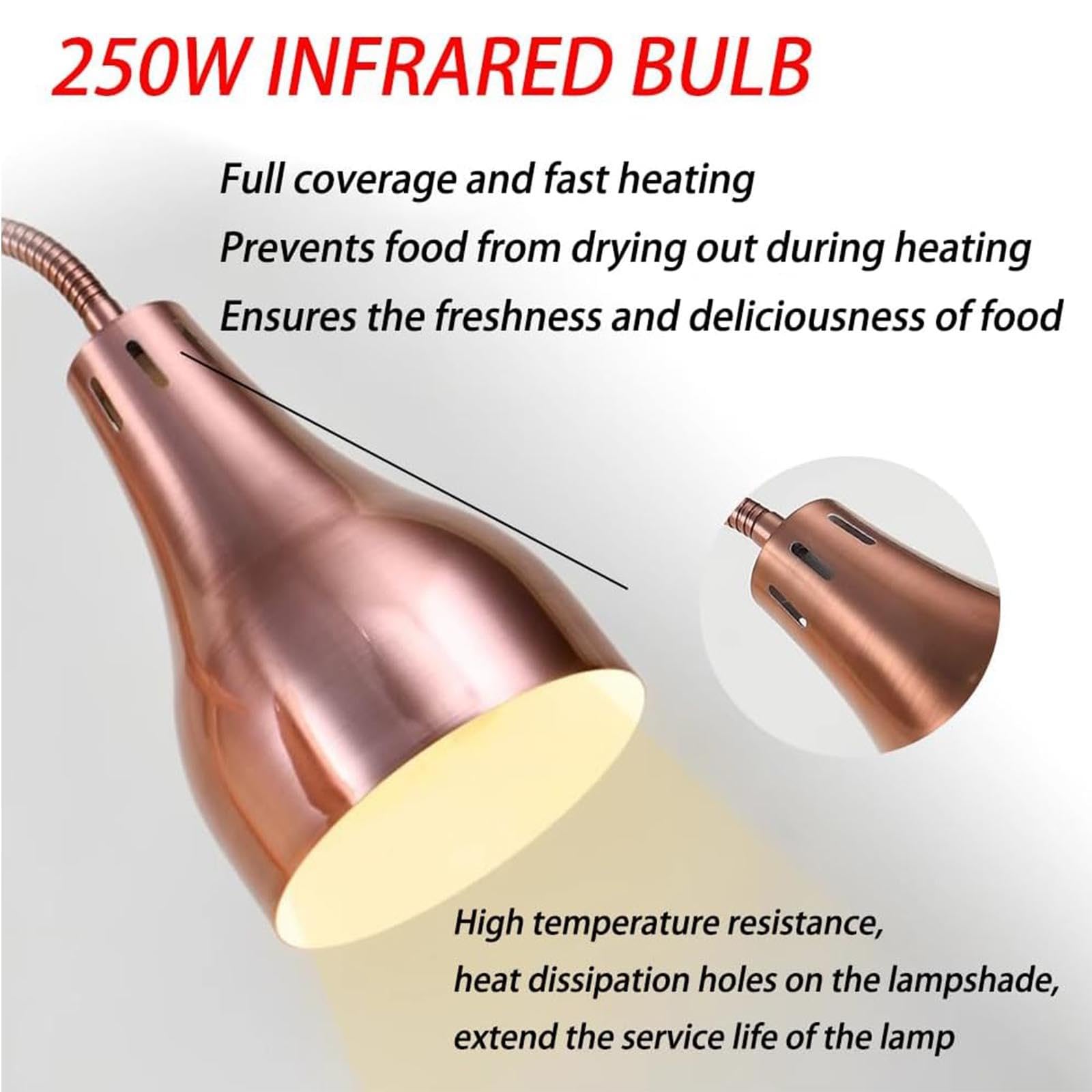 Lámpara Independiente para Calentar Alimentos Lámpara para Calentar Alimentos de Buffet de 2 * 250 W, Cabezal Ajustable de 360 ​​​​° para Restaurante de Cocina Buffet,Copper