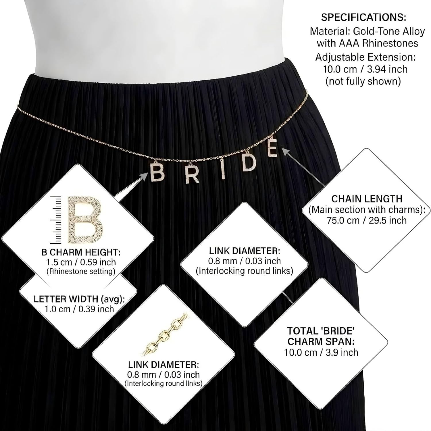 BVB Gold-Tone Rhinestone Bride Body Chain Belly Chain | Adjustable 29.5 inches with 3.9 inches extender, alloy and rhinestone, ideal for bachelorette party and swimsuit accessory