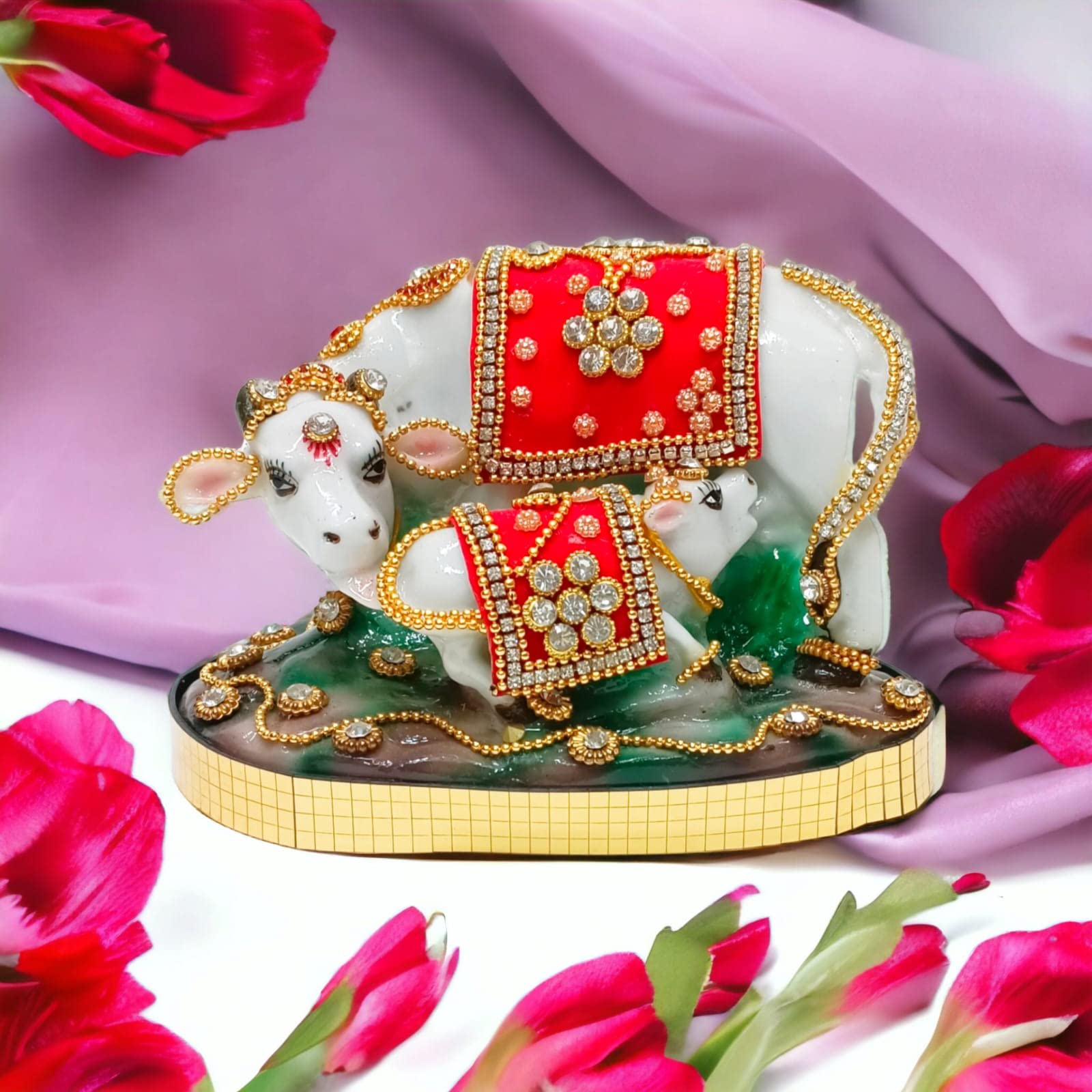 Sugandhit Handcrafted Kamdhenu Cow with Calf, Vastu Gau MATA Idol (Height 4 inch X Width 3 inch X Length 5.5 inch)