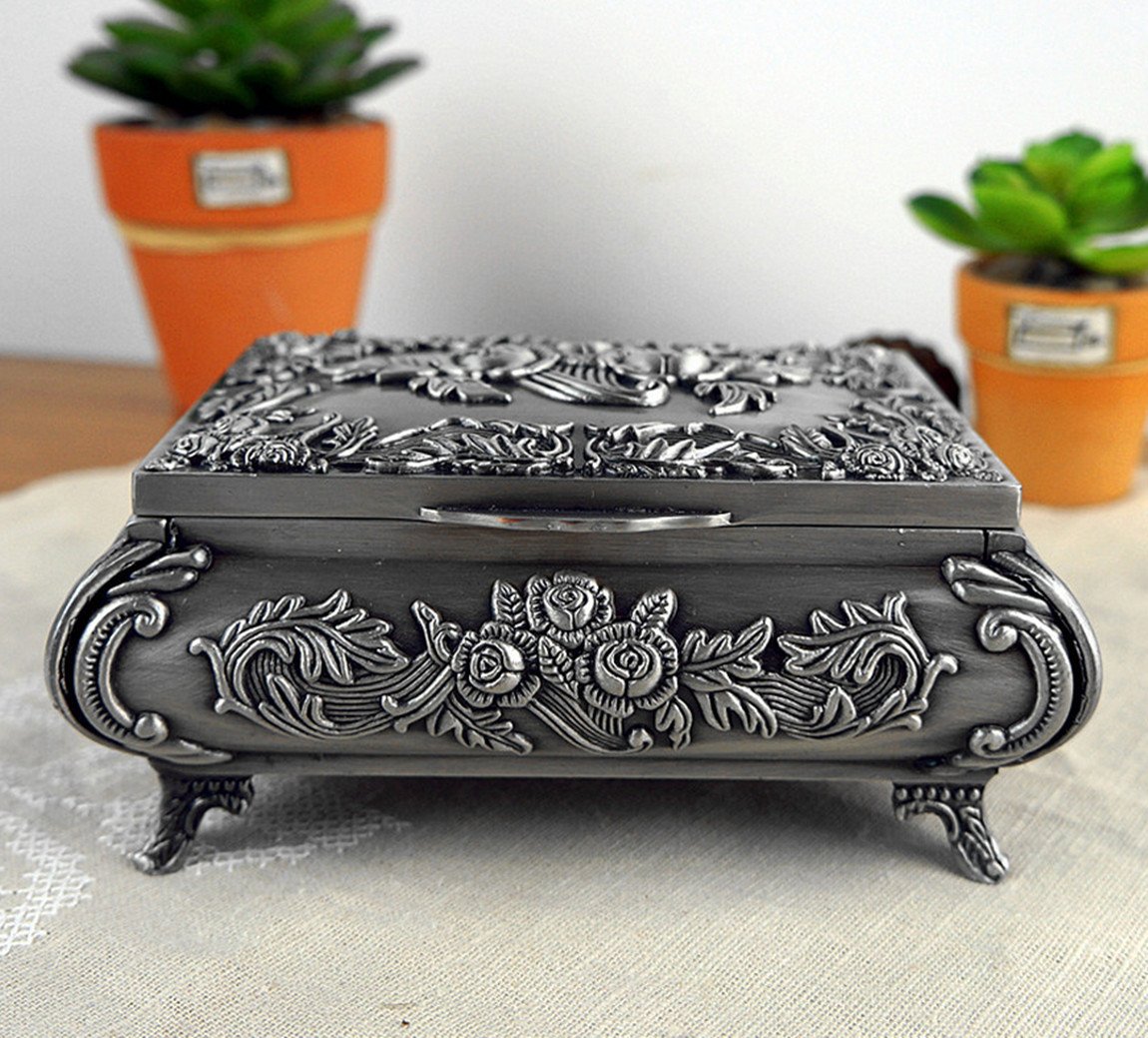 Forme de Rectangle Rose Gravure Femme Etain Pur Coffret Boîte à Bijoux-2 Options