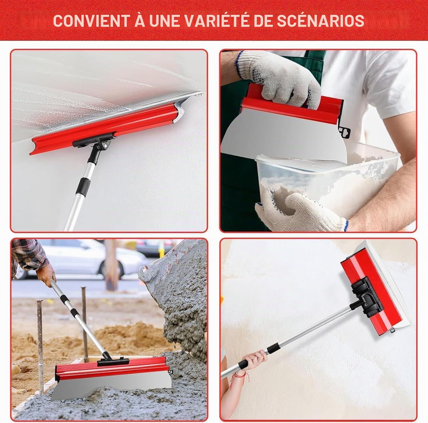 14 PCS Kit de Couteau à Enduire Professionnel, 25/40/60/80 cm Lames en Acier Inoxydable 0,35 et 0,5 mm, Perche Télescopique 1,28 m et Mallette pour Plaquiste, Kit de Lissage pour Cloisons Sèches