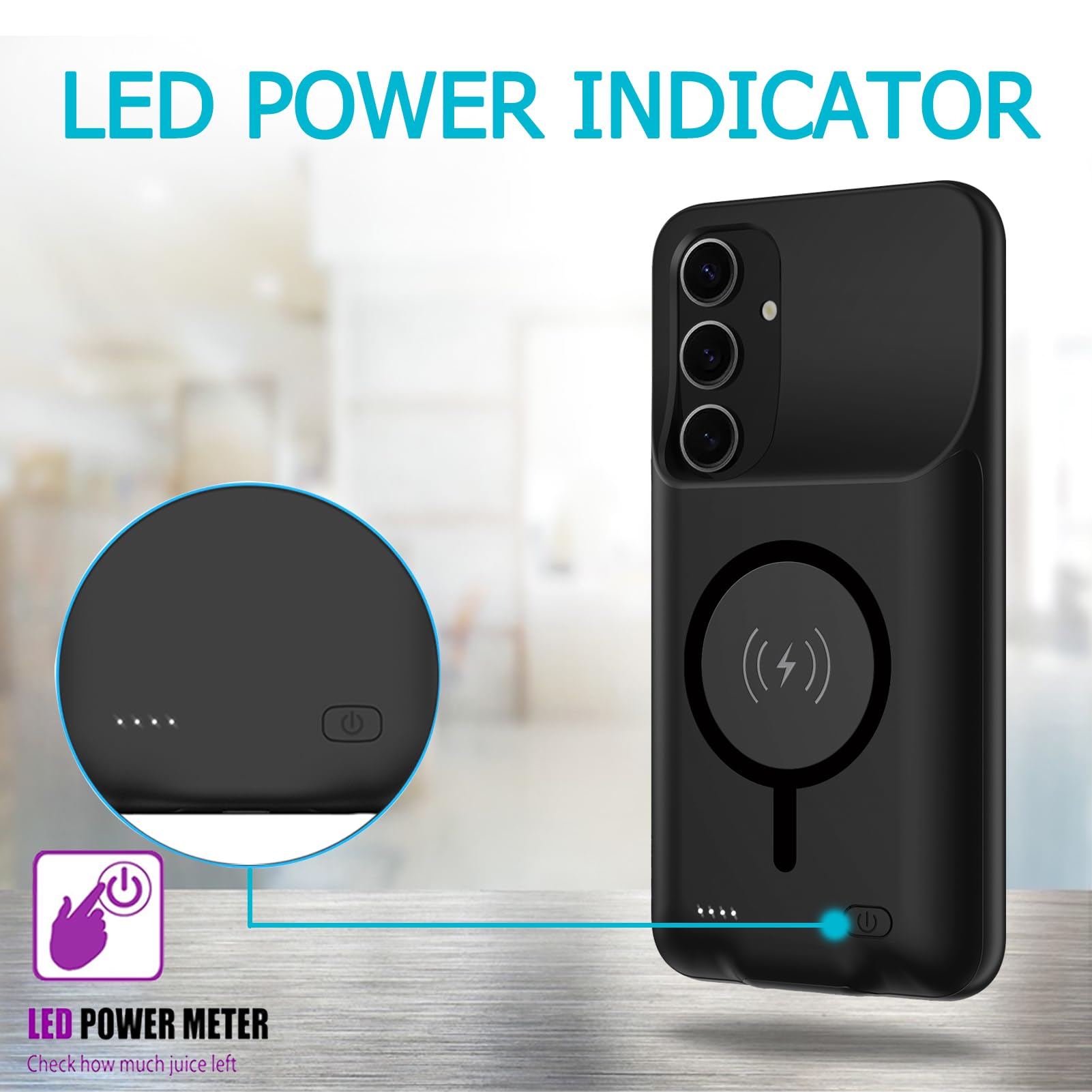Custodia con batteria per Galaxy S25, 10000 mAh, ad alta capacità, ricaricabile, portatile, protettiva e estesa, compatibile con Galaxy S25 (6,2 pollici), custodia di ricarica wireless con pellicola