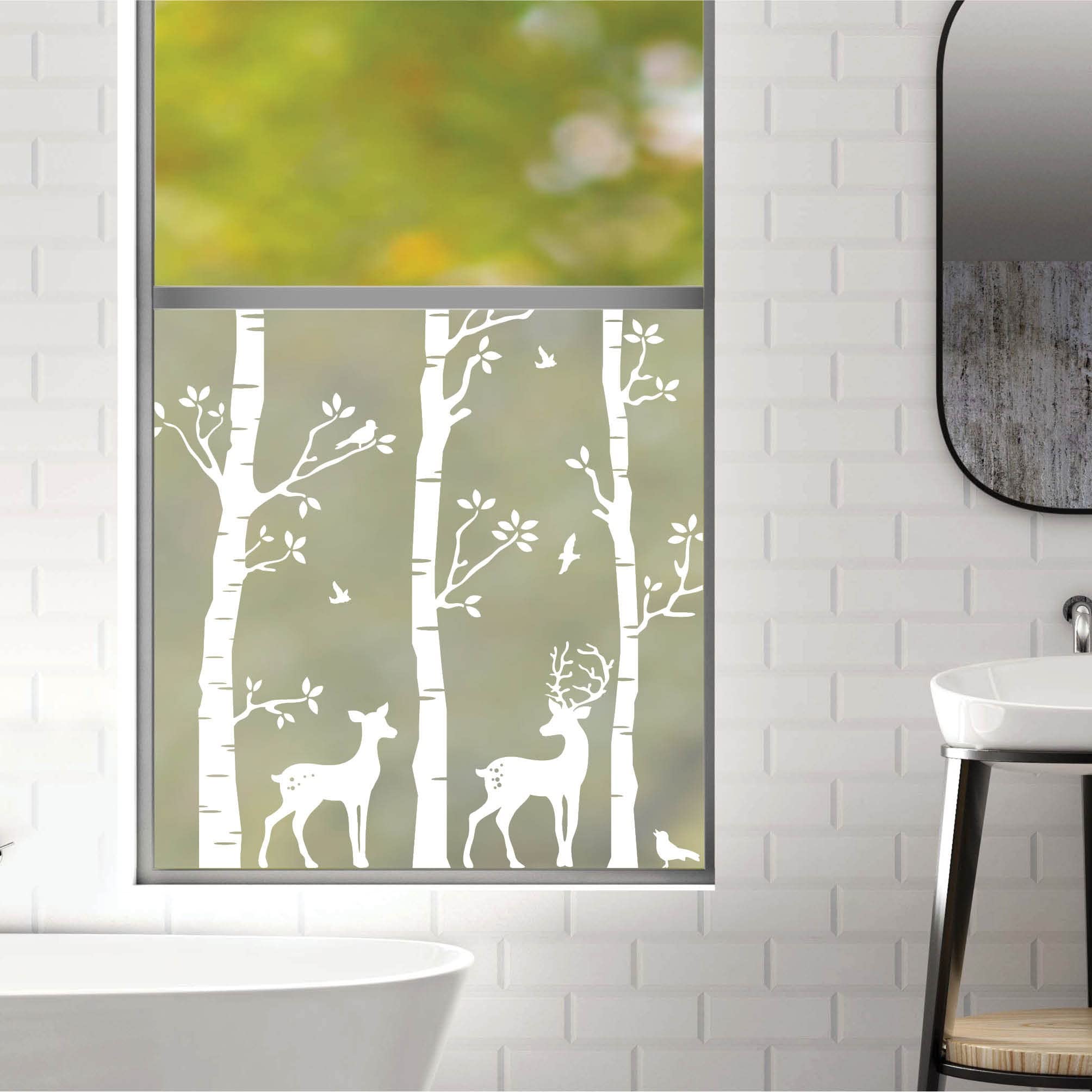 Sichtschutzfolie Birkenwald mit Hirschen Fensterfolie Fensterdeko Milchglasfolie, 55 cm hoch, 125 cm breit