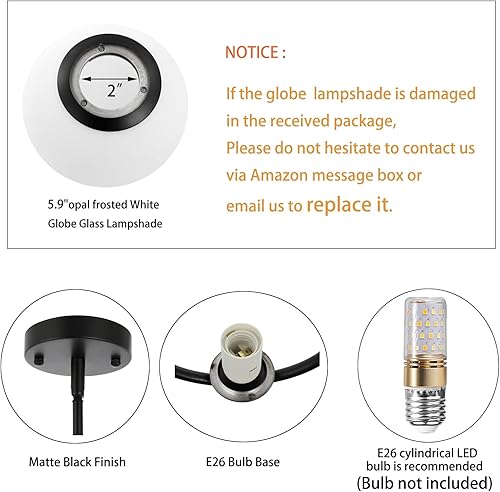 Miniatura 5 de Lámpara colgante moderna con forma de globo de mediados de siglo, lámpara colgante de techo negro mate con pantalla de vidrio de globo blanco para