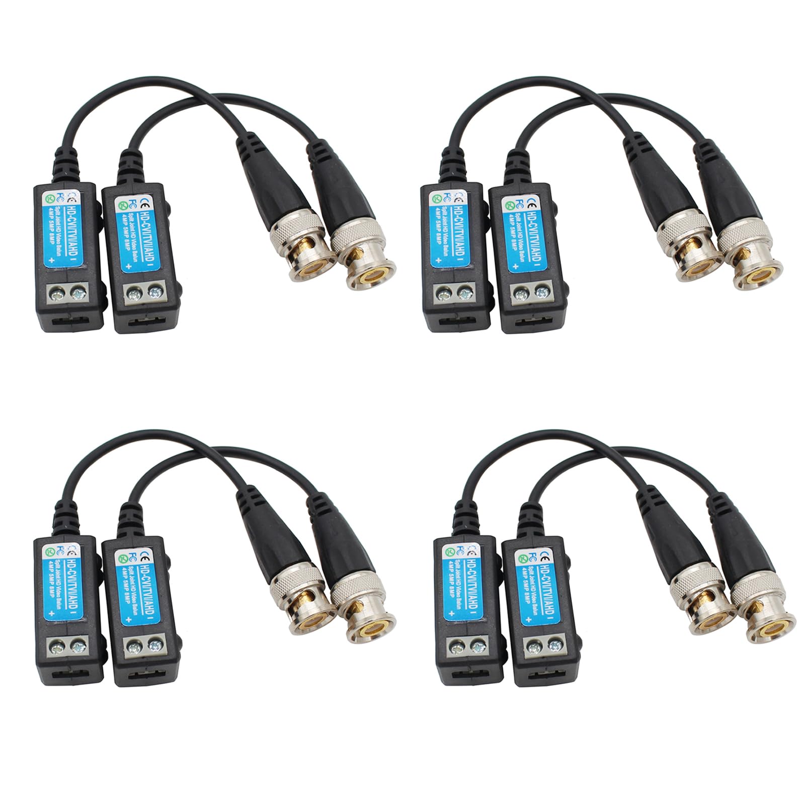 BNC Vedio Balun Connectors 4 Pairs with BNC Male Cable via CAT5/5E/6 Twisted Pair Transmitter for 720P 1080P 3MP 4MP 5MP CCTV Security Camera System