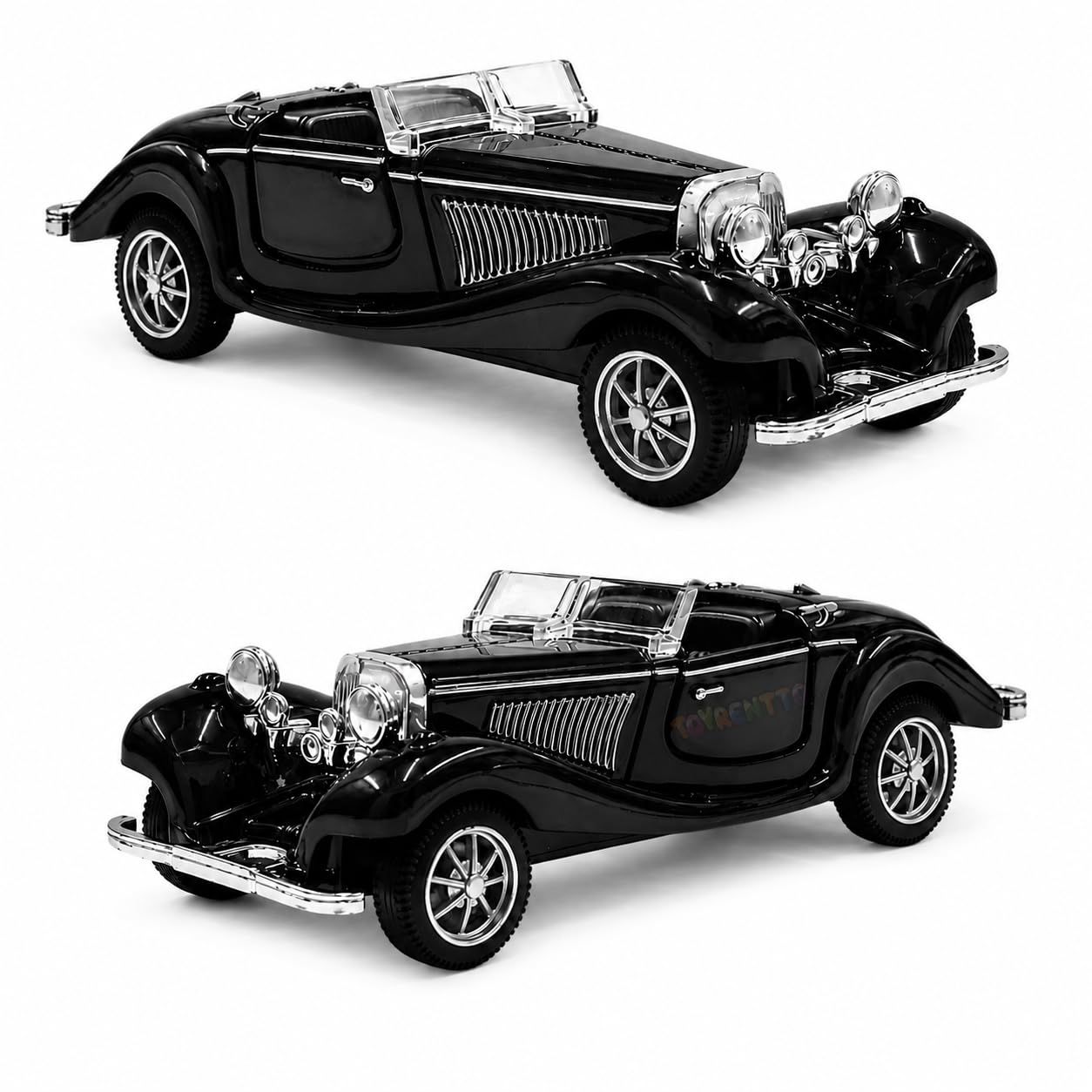 1:36 scale vintage diecast metal roadster toy car, openable doors, pull back action classic retro model, detailed interior collectible gift for kids boys girls adults (black)