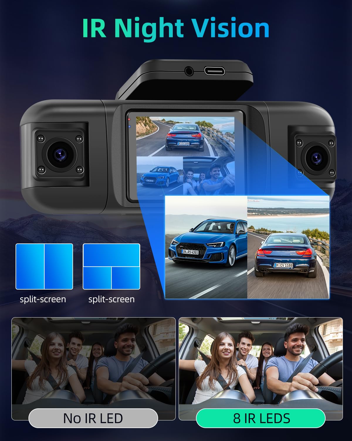 NHOPEEW Cámara para salpicadero de 4 Canales para Coches: cámara para salpicadero Delantera y Trasera de 1080p con visión Nocturna IR, grabación en Bucle, Sensor G + Tarjeta TF de 64 GB