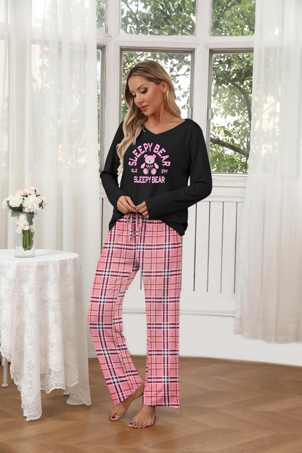 Ekouaer Womens 2 Pack Pajama Set Short & Long Sleeve Pajamas Top and Pants V Neck Pjs Set Soft Loungewear with Pockets - Image 4