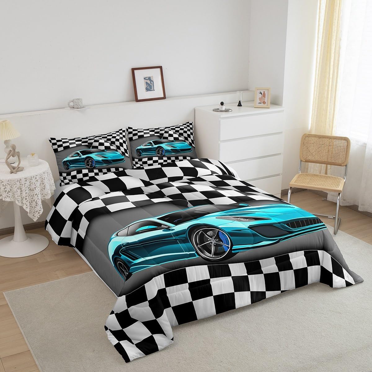 Castle Fairy Black White Geometric Grid Bed Comforter Set Queen Size,Blue Cool Sports Car Super Soft Microfiber Bedding Set for Adults Teens,Racing Car Comforter Set,2 Pillowcases