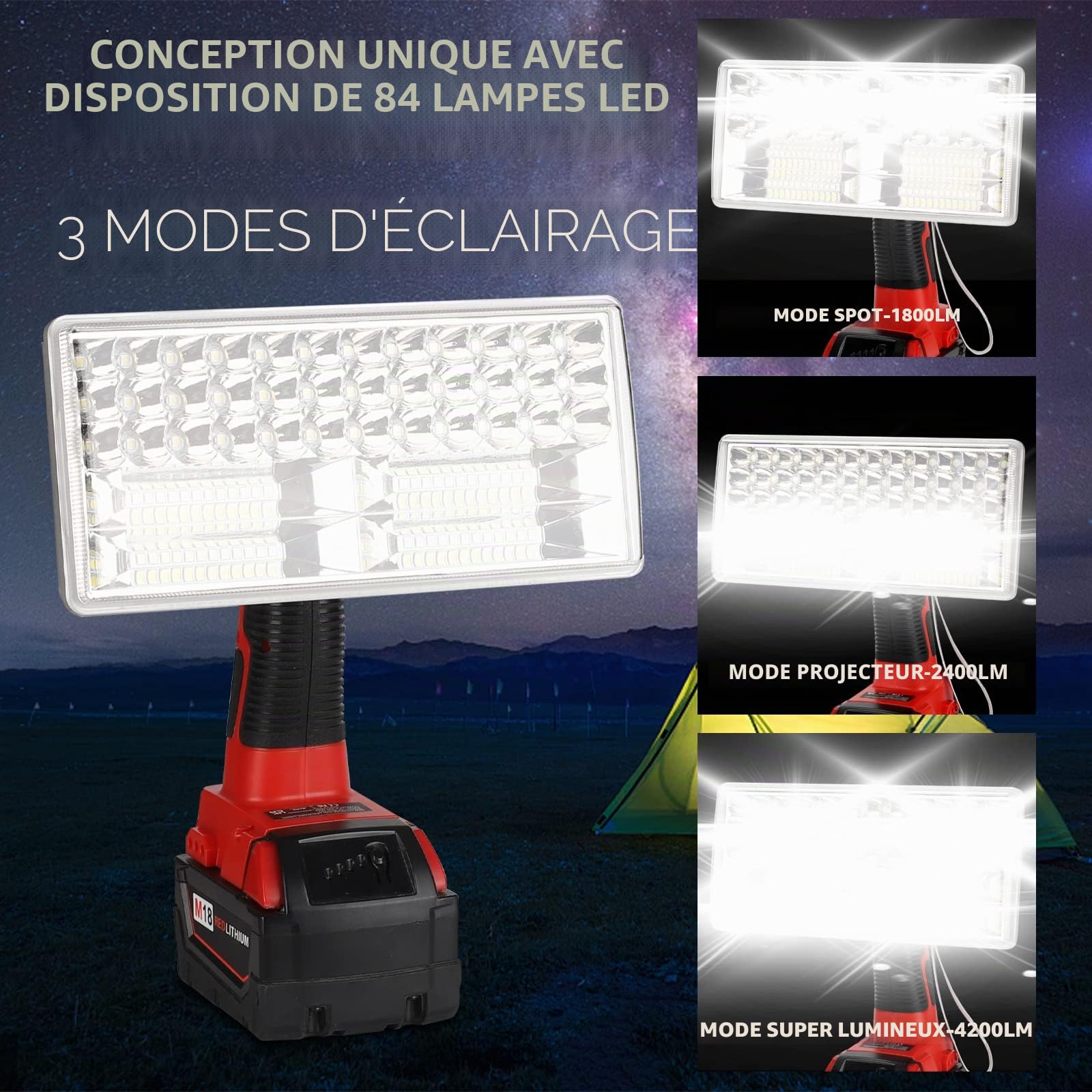 Lampe LED sans fil 4200 lm compatible avec batterie au lithium Milwaukee M18, lampe de travail 18 V pour camping, réparation de voiture, éclairage d'urgence et de chantier