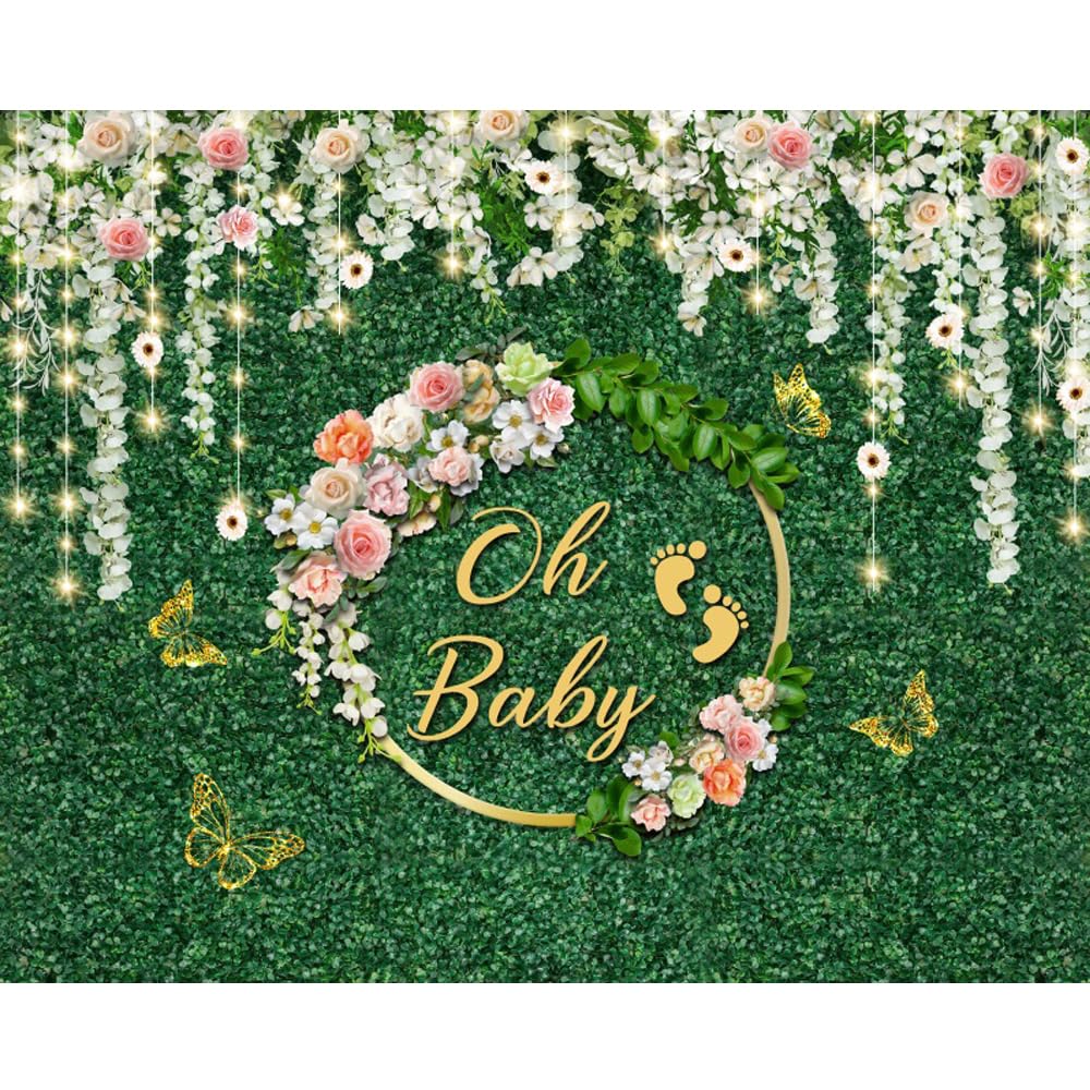Caaerttply Oh Baby Backdrop for Photography Green Grass Wall White Flower Wreath Baby Shower Photo Backdrop 10x8ft Gender Reveal Background Sweet Baby