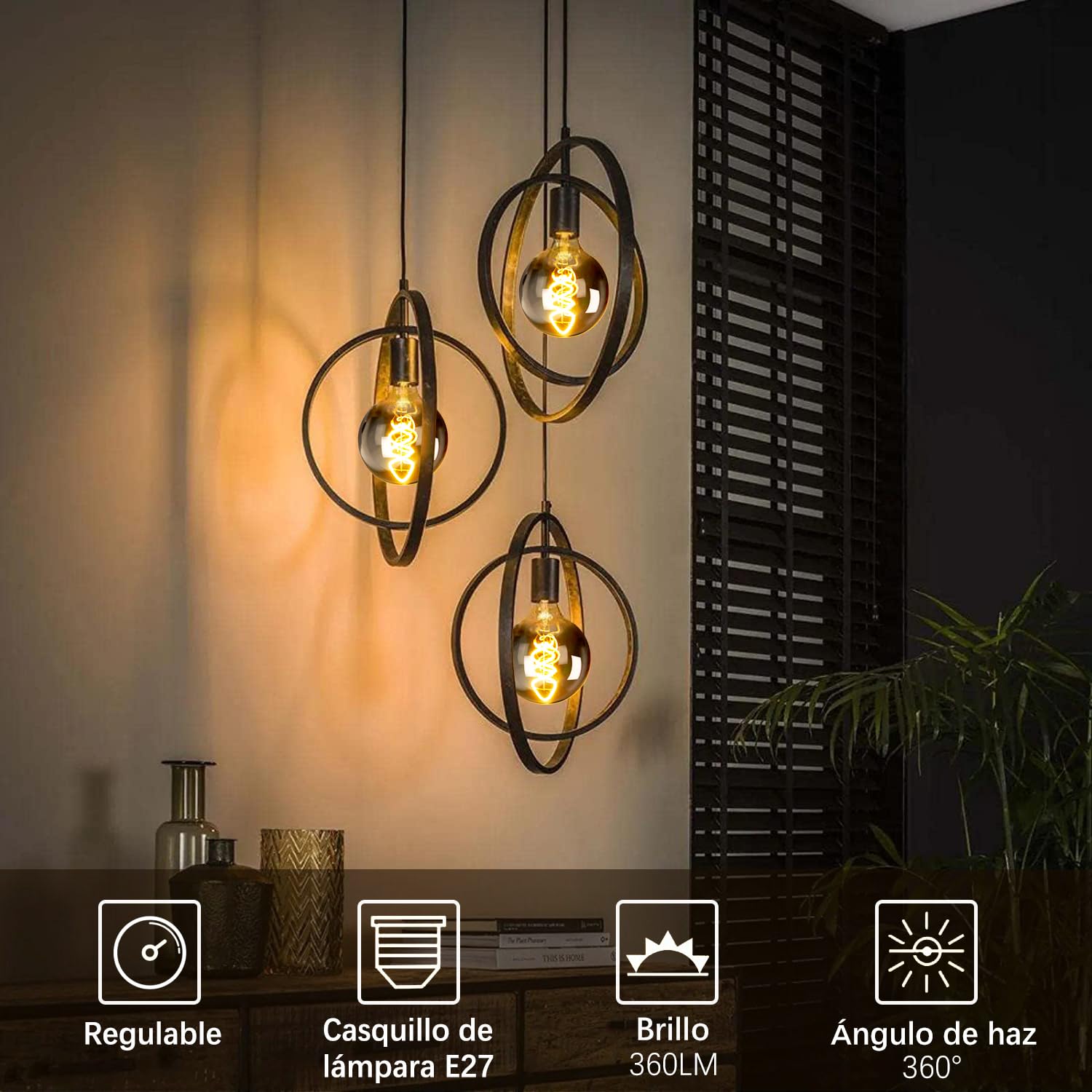 Bombilla LED Vintage E27, Edison LED Bombilla Regulable 4W (Equivalente a 40W) G80 360LM Luz Calida 2400K - Vidrio ahumado, Paquete de 6