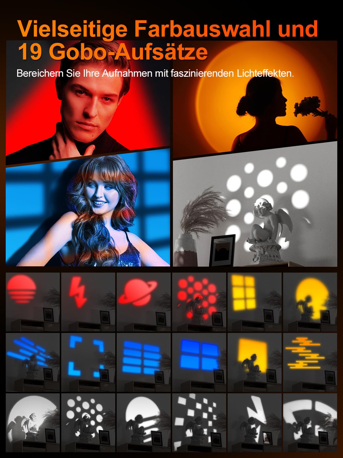 Rollei Photoolex GOBO Light, LED Taschenlampe Fotografie mit 4 Farbiges Fülllicht und 19 GOBO Aufsätze Video Licht mit Eingebaut Akku 8400 mAh und Diffusor, Taschenlampe-Fotografie-Video-Licht-RGB