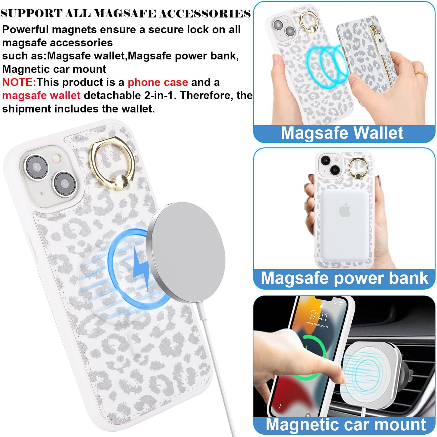 DEYHU iPhone 14 Plus case with Card Holder, iPhone 14 Plus Phone Case Wallet for Women magsafe Compatible Wallet Detachable 2-in-1 for Men-White Leopard