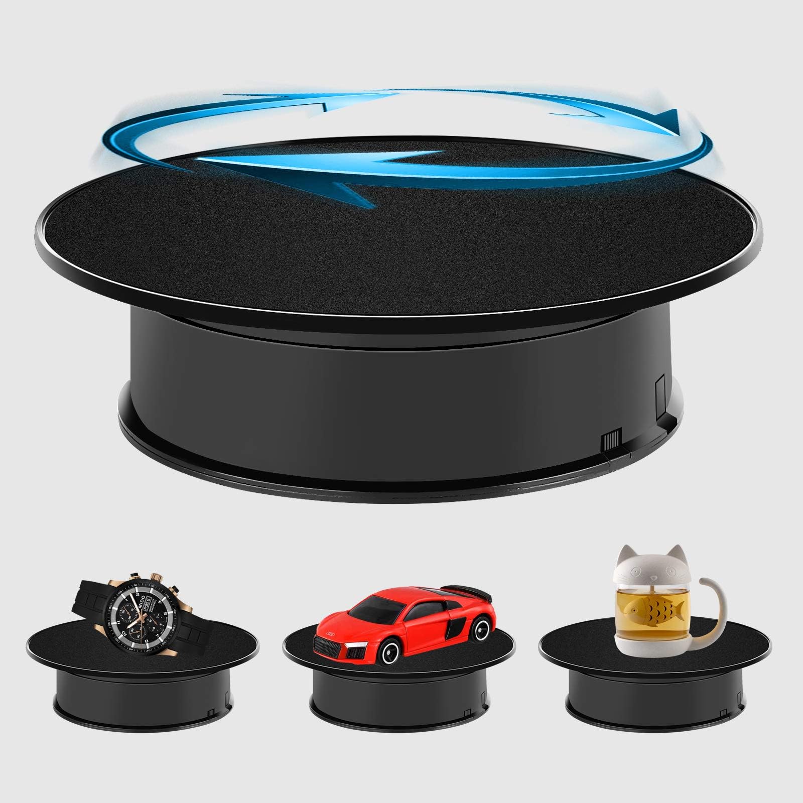 8" Ultra-Quiet Motorized Rotating Display Stand for Video Photography Products Display, 360 Degree Black Velvet Rotating Turntable for Jewelry 3D Models (Battery Operated, 10LB LOAD)