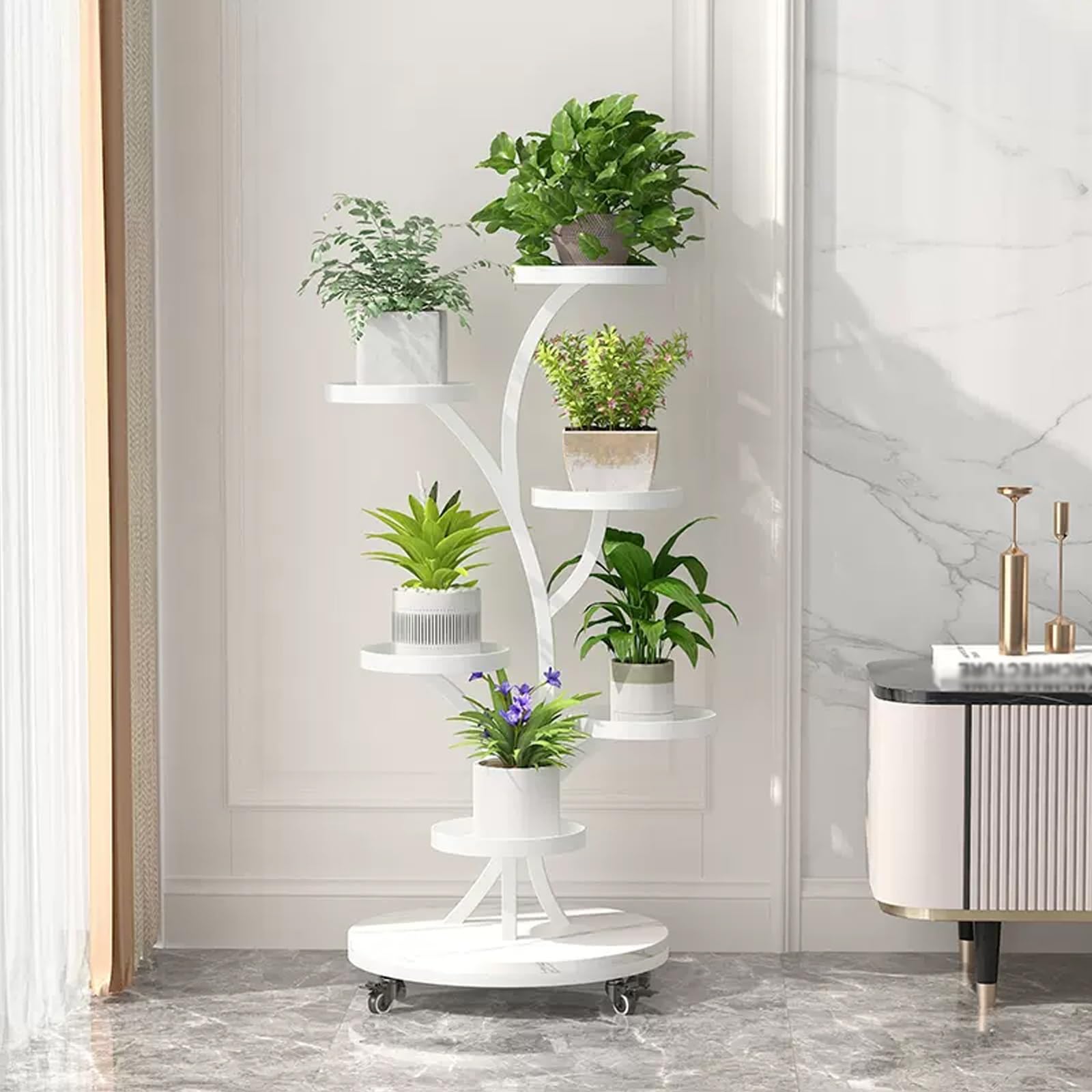 Modern Metall Wohnzimmer pflanzentreppe mit Rädern, innen Zimmerecke deko blumenbank regal, outdoor gartenregal blumentreppe wetterfest, outdoor balkon pflanzenregal, für,Terrasse,Hof.(Wit)