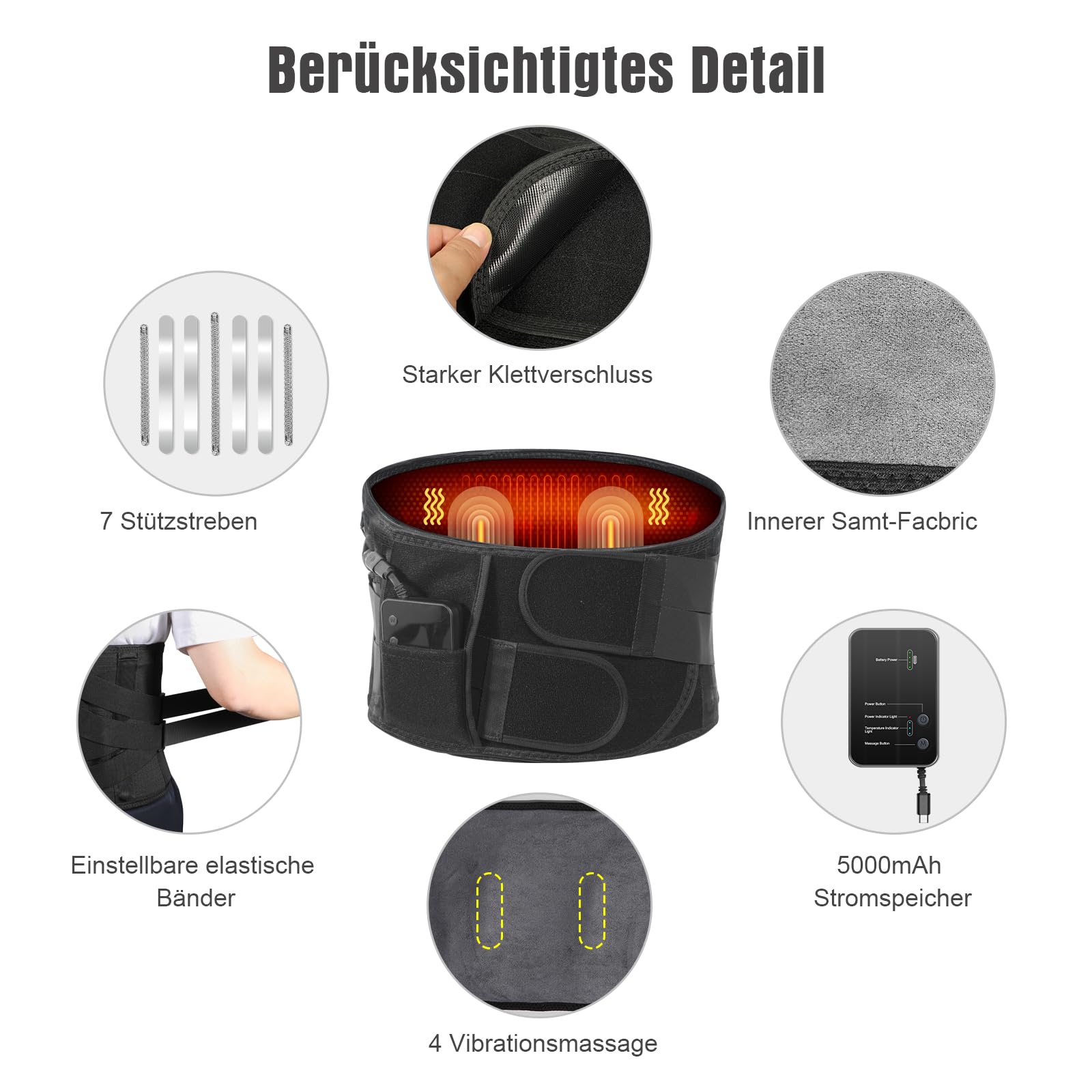 Massant pour lombaire avec chauffage, ceinture orthopédique chauffante pour soulager douleurs dos. 3 modes vibratoires, 6 niveaux chauffage, batterie rechargeable 5000 mAh, sans fil