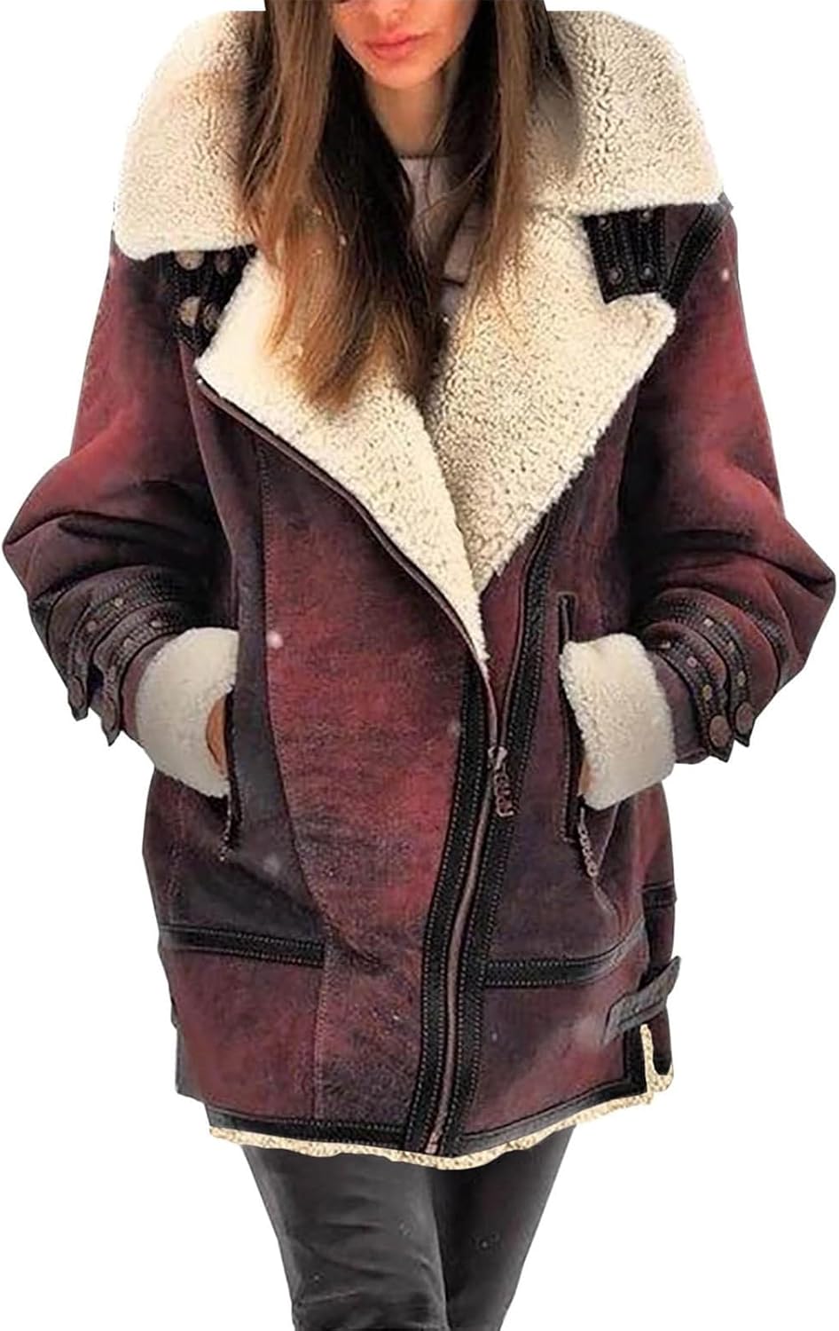 Winter Coats for Women Faux-Leather Suede Jackets Thicken Sherpa Fleece Jacket Vintage Moto Jacket Zipper Outerwear