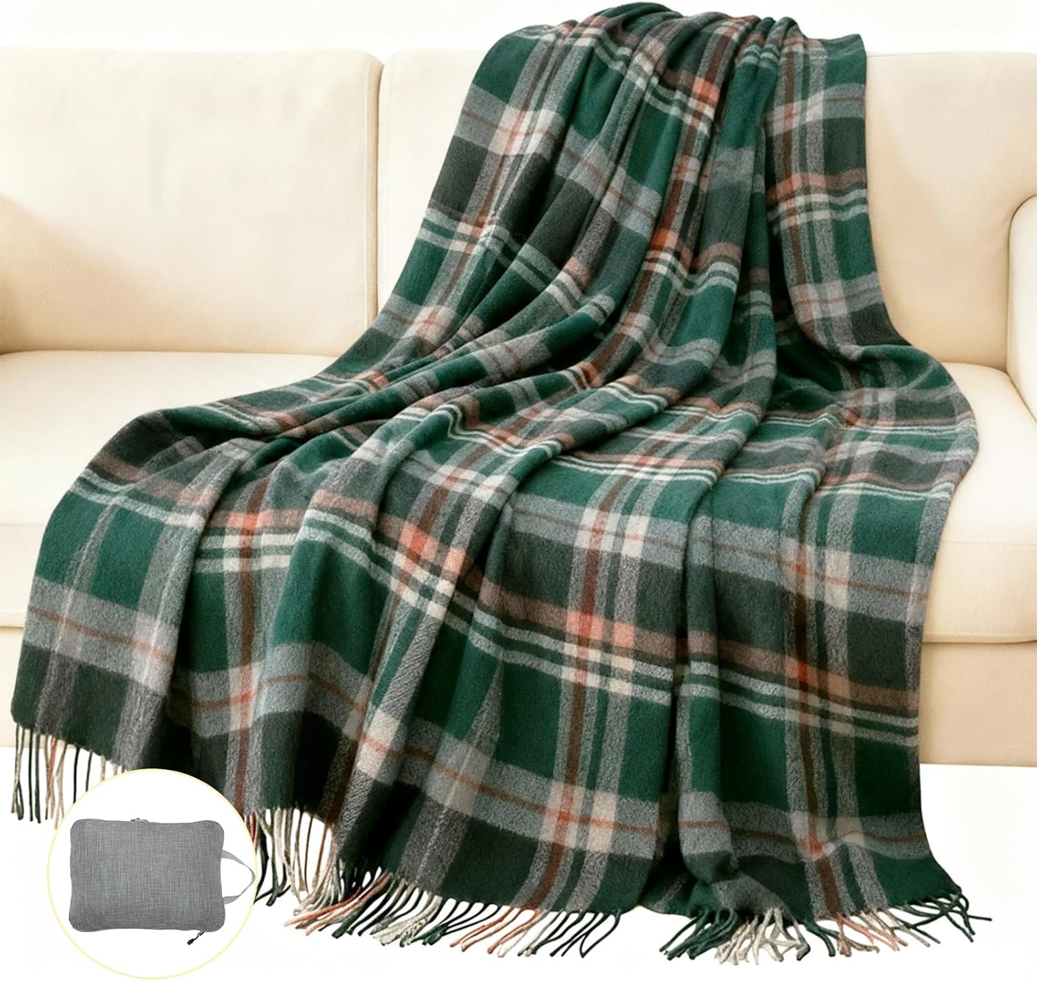 Wool Throw Blanket 55x83 Inch Plaid Tartan Blankets Camping Throws Couch Throws Blankets for Travel 1.5lb - Image 3