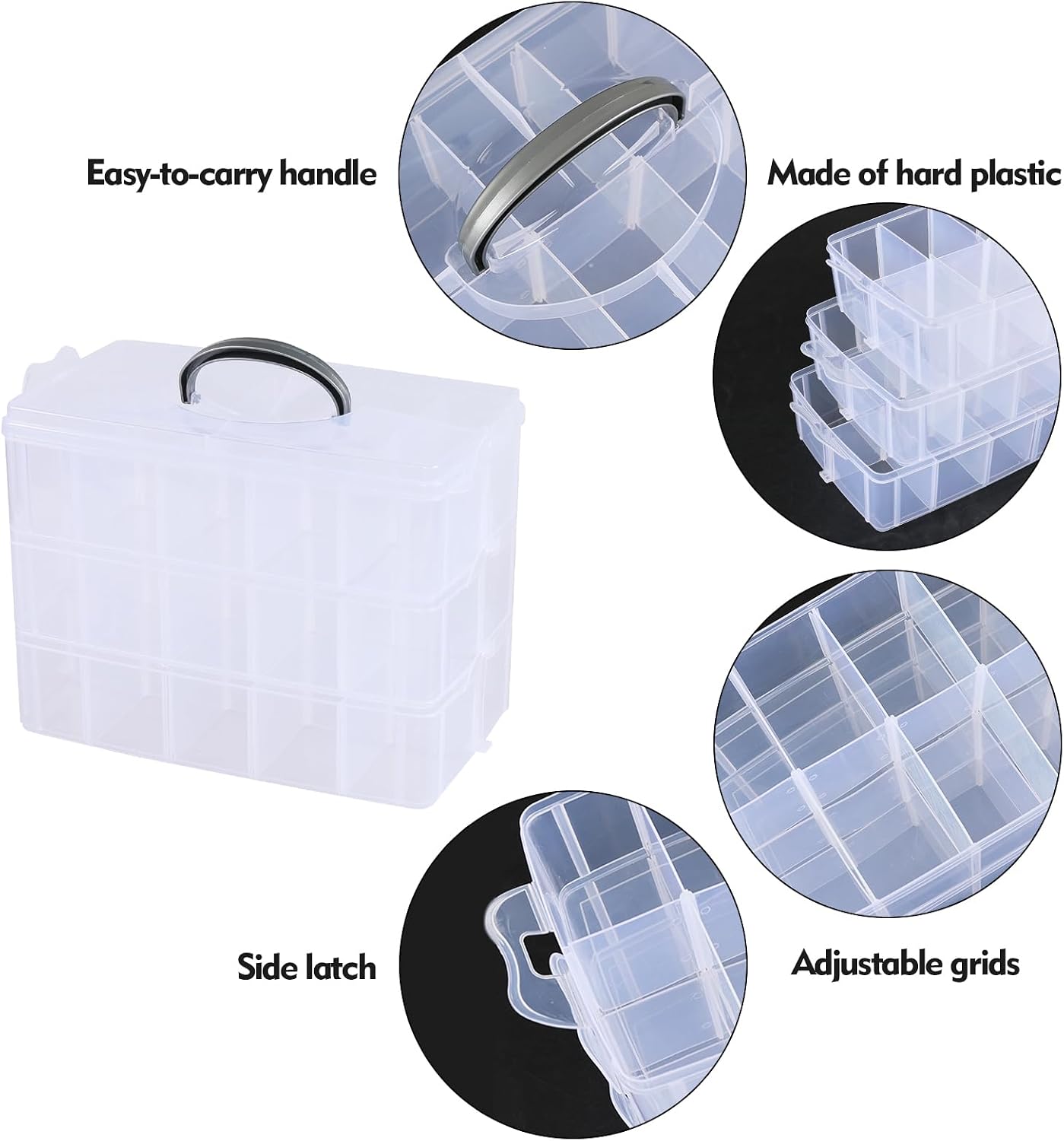 Plastic Stackable Storage Container Box with 30 Adjustable Compartments, 3 Tiers Clear Stackable Craft Organizers with Dividers and Handle