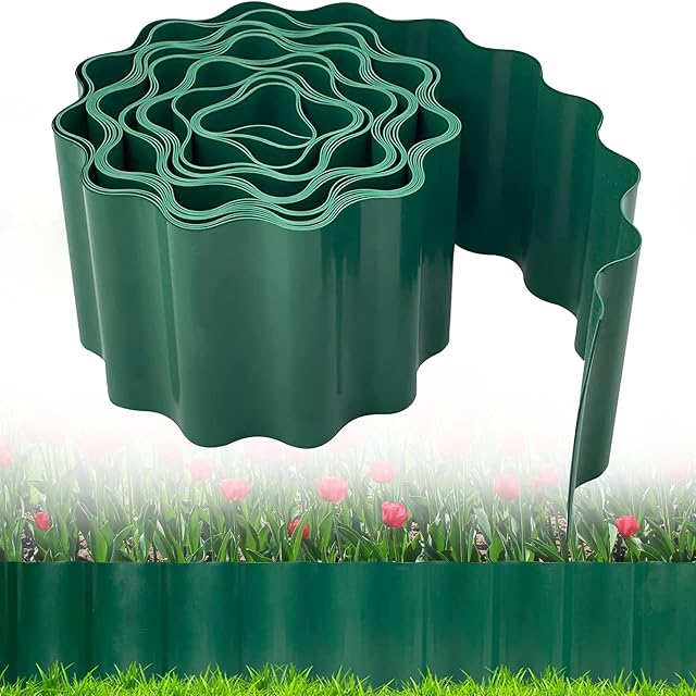 AKOFIC Lawn Edging 20 cm High, 9 m Green Flexible Lawn Edging Fence, Plastic Garden Grass Lawn Edge Border DIY Outdoors Grass Barrier for Patio Pathway Lawn Path & Prevents Root Propagation