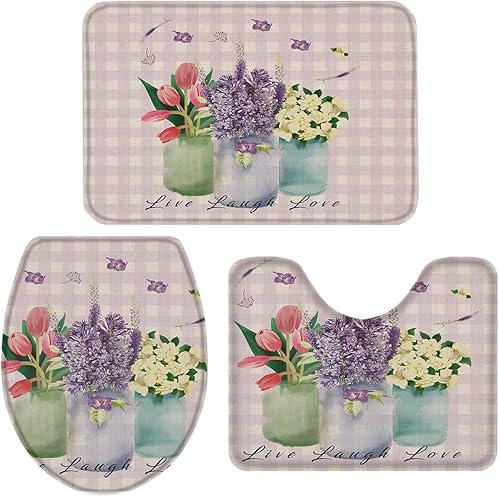 Miniatura 3 de Juego de alfombras de baño de 3 piezas, diseño floral antideslizante, tapete de contorno y tapa de inodoro, tapetes de ducha absorbentes, juego de