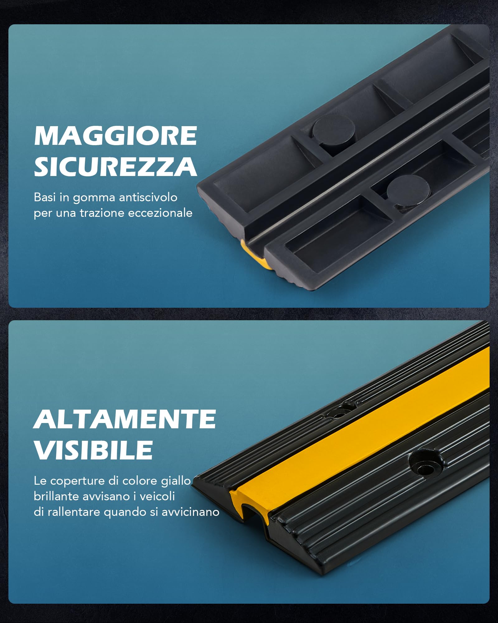 CREWORKS 4 Pezzi Passacavo a Pavimento in Gomma con 1 Canale Capacità 3T, Passacavi a Pavimento Rampa, Modulare Coperchio di Protezione Cavi Antiscivolo, Protezione per Rampa in Gomma