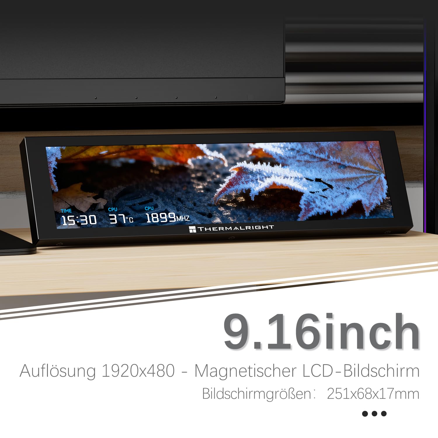 TR-Thermalright Trofeo Vision 9.16 LCD Noir Écran IPS 9,16’’ Résolution 1920x480-Peut être fixé au boîtier/Refroidisseur de CPU, Images/Vidéos dynamiques DIY, Noir