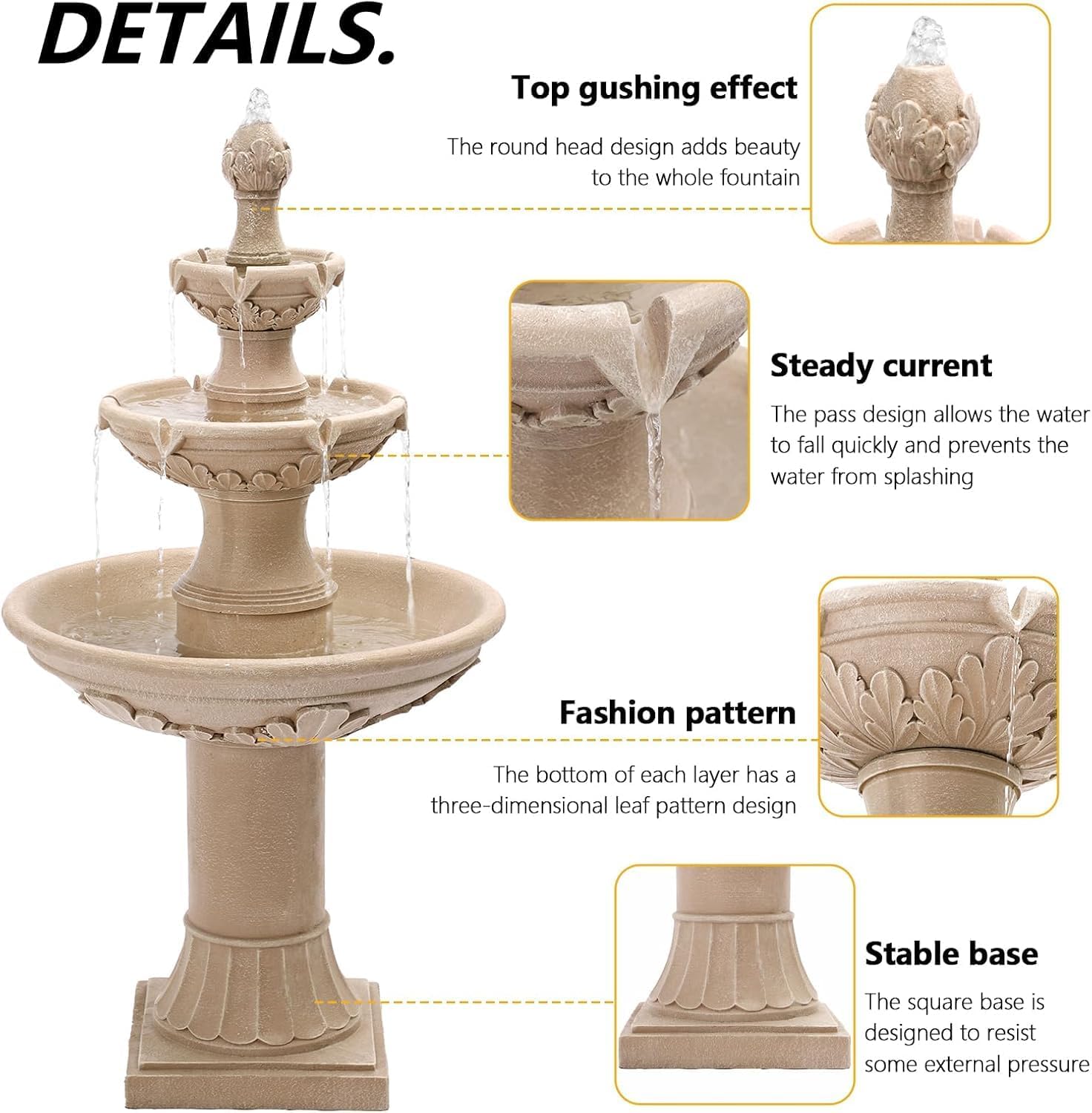 TITIMO 48.4" High Solar Italian Feature Freestanding Water Fountain Outdoor and Indoor,3-Tier Roman Pillar Waterfalls Fountains with Solar Panel for Garden,Patio,Yard,Deck,Backyard,Porch