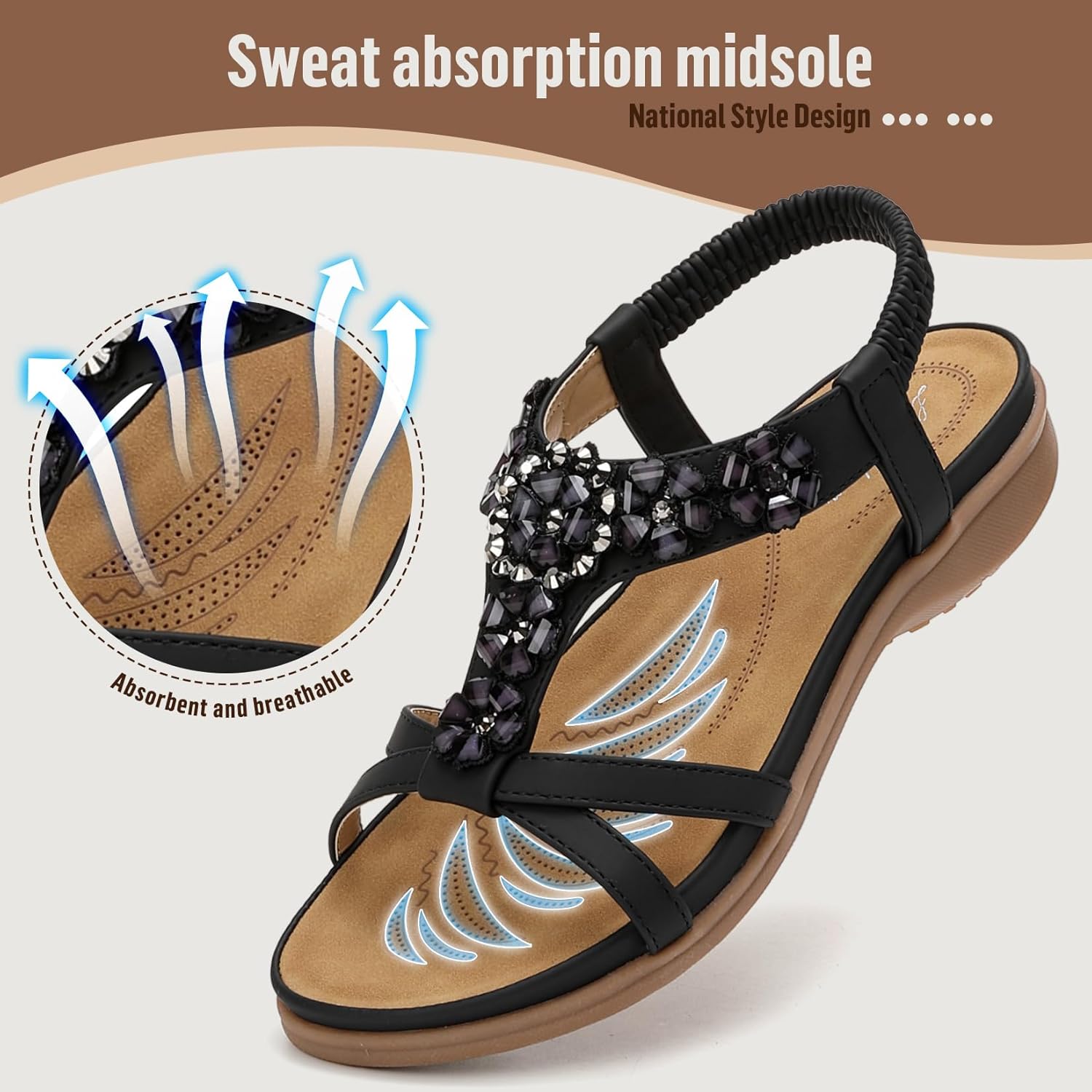 Littleplum Sandals Handmade for Women Arch Support Women's Summer Fashion Non Slip Beach Sandals Comfort Walking Shoes Bohemian Flip Flops Womens Sandals Black Size 6 - Image 3