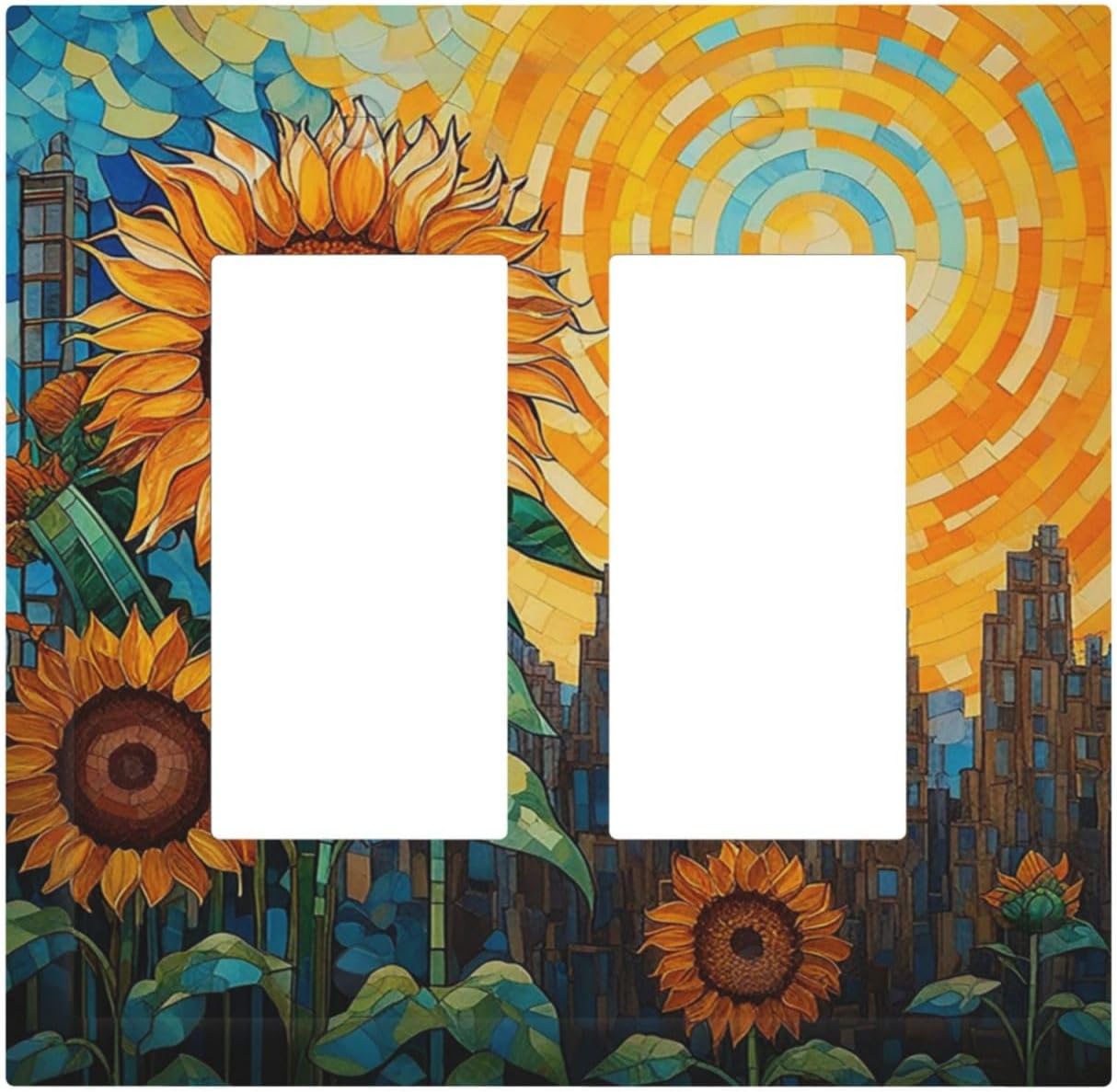 Abstract Sunflower Graffiti Floral Paint Art Flower Decorative Outlet Covers 2 Gang Double Gfci Rocker Electrical Wall Panels Light Switch Cover Plate for Bedroom Living Room Decor