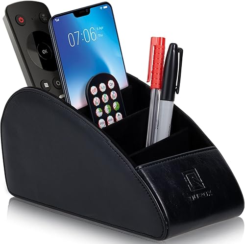 Qurox Organizador de mesa grande con 5 compartimentos para control remoto de piel sintética, organizador de control remoto, organizador de control