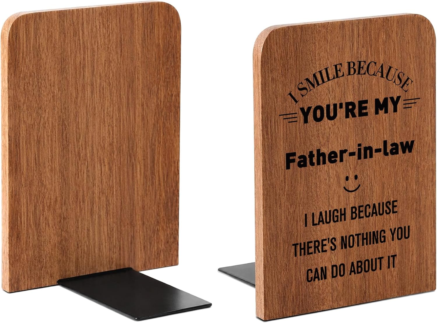 Fathers Day for Father in Law Gifts Wooden Bookends Novelty, Dad-in-Law Birthday Gift from Son-in-Law Wood Book Ends, Book Lover Gift Books Themed Present for Men Shelves Decorative